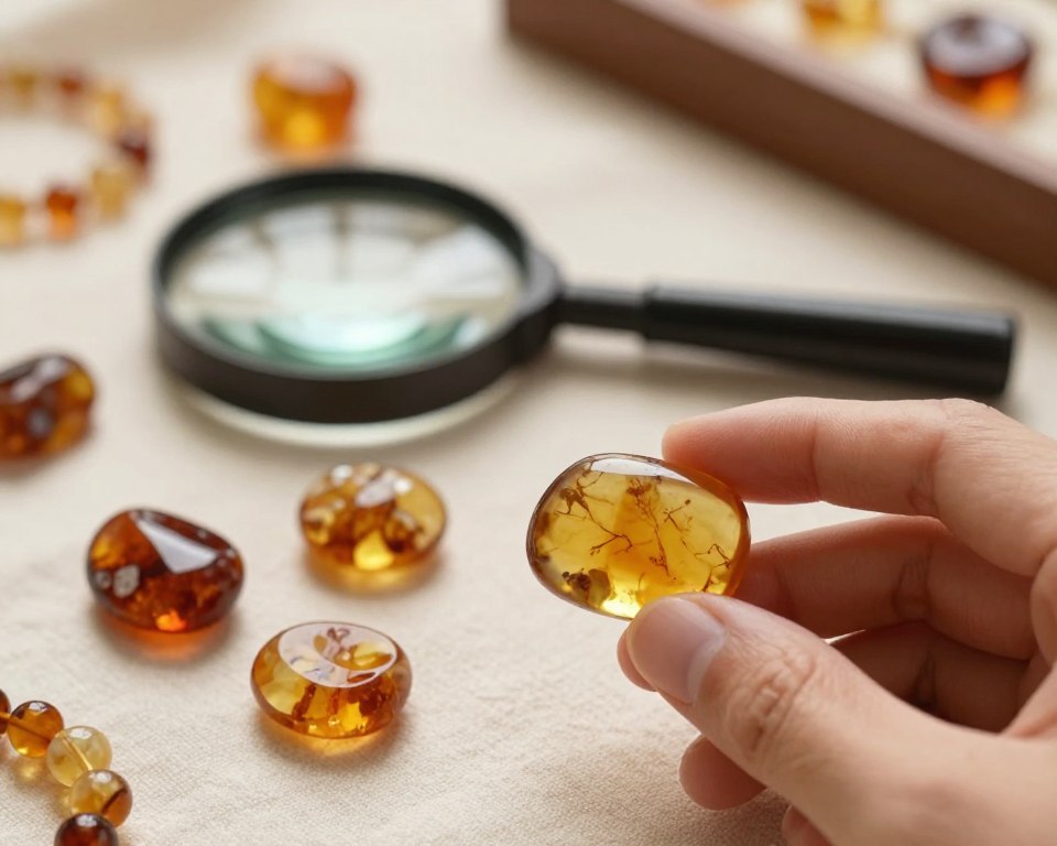 A close-up image focusing on genuine amber pieces laid out on a soft, natural fabric background, with some polished and unpolished examples side by side to indicate the differences. In the foreground, a hand gently holds a translucent piece of amber, reflecting warm golden hues in soft sunlight. The middle ground features a small magnifying glass resting next to an amber stone, while the background shows an out-of-focus display of jewelry made from authentic amber, enhancing the sense of context. Use warm, natural lighting to create a comforting atmosphere, and apply a shallow depth of field to draw attention to the amber and the magnifying glass. The overall mood should evoke a sense of craftsmanship and authenticity, with a focus on safety in purchasing natural amber products. A close-up image focusing on genuine amber pieces laid out on a soft, natural fabric background, with some polished and unpolished examples side by side to indicate the differences. In the foreground, a hand gently holds a translucent piece of amber, reflecting warm golden hues in soft sunlight. The middle ground features a small magnifying glass resting next to an amber stone, while the background shows an out-of-focus display of jewelry made from authentic amber, enhancing the sense of context. Use warm, natural lighting to create a comforting atmosphere, and apply a shallow depth of field to draw attention to the amber and the magnifying glass. The overall mood should evoke a sense of craftsmanship and authenticity, with a focus on safety in purchasing natural amber products.