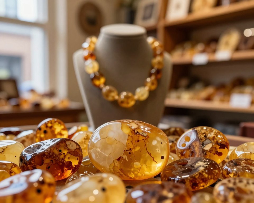 A close-up of beautiful Baltic amber, showcasing its warm, golden hues and natural inclusions, glistening softly under soft, diffused natural sunlight. In the foreground, several polished amber pieces are arranged attractively, highlighting their unique shapes and textures. In the middle ground, a delicate, elegant necklace made of amber beads is displayed, emphasizing the craftsmanship involved. The background is softly blurred to represent a quaint Gdańsk shop interior, filled with wooden shelves and ambient lighting that creates a cozy, inviting atmosphere. The overall mood is warm and nostalgic, conveying the charm and natural beauty of authentic Baltic amber. No text or overlays present.