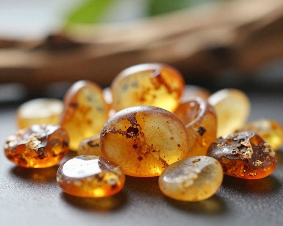 A close-up of natural amber, showcasing its unique physical properties, such as clarity, color variations from golden-yellow to deep orange, and inclusions that hint at its ancient origins. The foreground features pieces of amber, some polished and reflective, others in their raw, unrefined state, scattered elegantly on a smooth, dark surface. In the middle ground, gently diffused light highlights the textures and nuances of the amber, creating soft shadows that add depth. The background is softly blurred, featuring natural elements like earthy tones of wood and gentle hints of foliage to invoke a natural setting. The atmosphere is warm and inviting, emphasizing the timeless beauty and authenticity of real amber. Lens focus should be sharp on the amber with a slight bokeh effect to emphasize the subject distinctly. A close-up of natural amber, showcasing its unique physical properties, such as clarity, color variations from golden-yellow to deep orange, and inclusions that hint at its ancient origins. The foreground features pieces of amber, some polished and reflective, others in their raw, unrefined state, scattered elegantly on a smooth, dark surface. In the middle ground, gently diffused light highlights the textures and nuances of the amber, creating soft shadows that add depth. The background is softly blurred, featuring natural elements like earthy tones of wood and gentle hints of foliage to invoke a natural setting. The atmosphere is warm and inviting, emphasizing the timeless beauty and authenticity of real amber. Lens focus should be sharp on the amber with a slight bokeh effect to emphasize the subject distinctly.