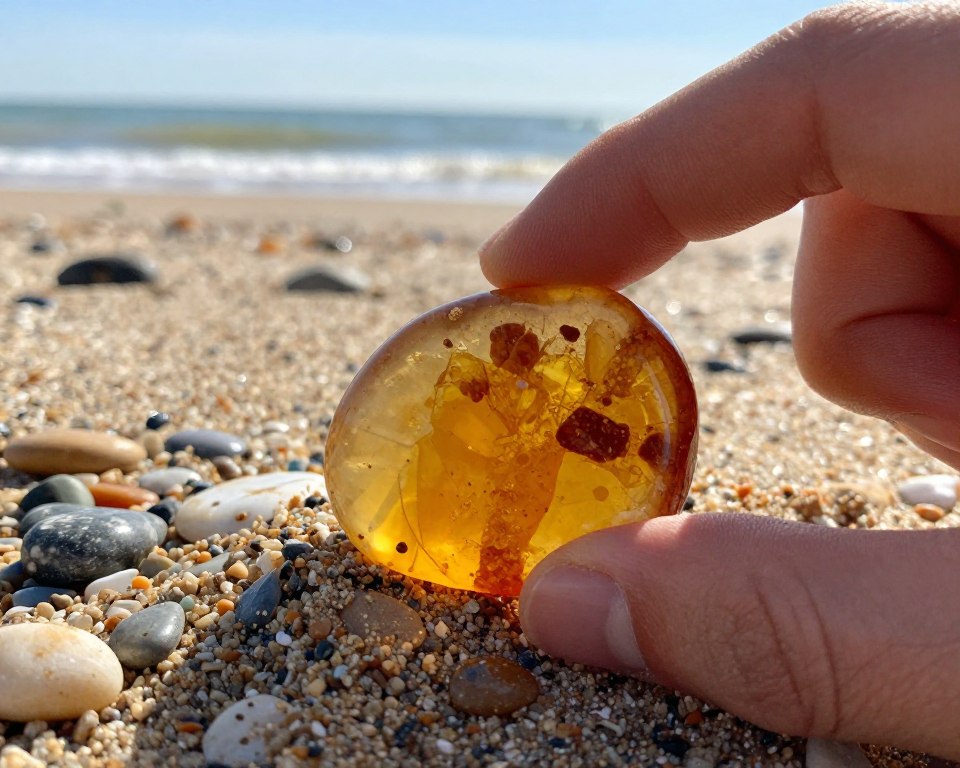 A close-up view of a hand delicately holding a piece of amber, showcasing its warm, golden hues and intricate inclusions, nestled among grains of sand on a beach. In the background, a gentle shoreline is visible, with soft waves lapping against the shore under a bright, clear sky. The lighting is warm and natural, with the sun casting soft reflections off the amber, creating a sense of allure. Focus on the texture of the sand and the contrast between the amber and surrounding pebbles, emphasizing the unique characteristics of amber compared to other beach findings. The atmosphere is serene and inviting, capturing the essence of beachcombing in Gdańsk. A close-up view of a hand delicately holding a piece of amber, showcasing its warm, golden hues and intricate inclusions, nestled among grains of sand on a beach. In the background, a gentle shoreline is visible, with soft waves lapping against the shore under a bright, clear sky. The lighting is warm and natural, with the sun casting soft reflections off the amber, creating a sense of allure. Focus on the texture of the sand and the contrast between the amber and surrounding pebbles, emphasizing the unique characteristics of amber compared to other beach findings. The atmosphere is serene and inviting, capturing the essence of beachcombing in Gdańsk.