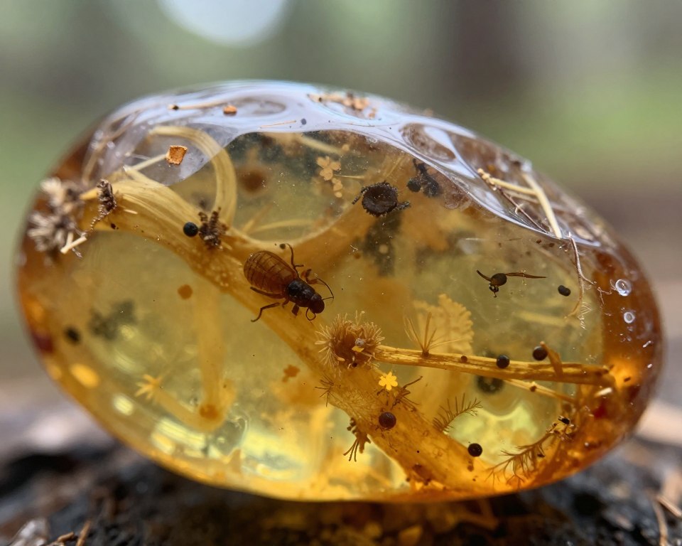 A close-up view of a piece of Baltic amber, showcasing its rich golden hues and translucent quality. The foreground highlights intricate inclusions of ancient insects and delicate plant matter, preserved like a time capsule from millions of years ago. Soft, diffused lighting enhances the warm tones and reveals the fascinating details within the amber, capturing the essence of life that once thrived. In the background, a blurred natural setting evokes a serene atmosphere, suggesting an ancient forest where these organisms once lived. The image should be taken with a macro lens to emphasize the textures and layers within the amber, conveying a mood of discovery and wonder at the passage of time. A close-up view of a piece of Baltic amber, showcasing its rich golden hues and translucent quality. The foreground highlights intricate inclusions of ancient insects and delicate plant matter, preserved like a time capsule from millions of years ago. Soft, diffused lighting enhances the warm tones and reveals the fascinating details within the amber, capturing the essence of life that once thrived. In the background, a blurred natural setting evokes a serene atmosphere, suggesting an ancient forest where these organisms once lived. The image should be taken with a macro lens to emphasize the textures and layers within the amber, conveying a mood of discovery and wonder at the passage of time.