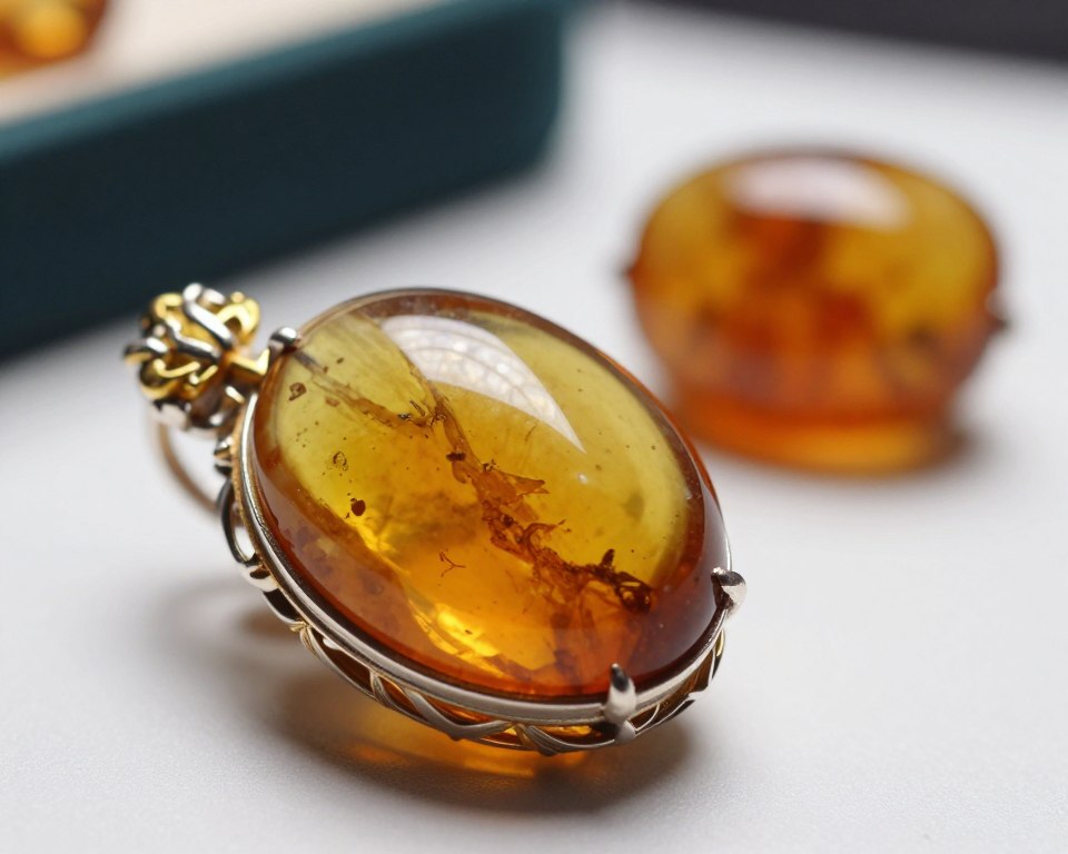 A close-up view of a refined jewelry piece prominently featuring natural amber (bursztyn), showcasing its warm, glowing hues of gold and orange. The amber is set in intricately designed silver or gold filigree, emphasizing its organic forms and inclusions. In the middle ground, place a subtle comparison piece made of compressed or synthetic amber, with a less vibrant color and a more uniform texture, clearly illustrating the difference between the two. Use soft, diffuse lighting to create an inviting atmosphere, highlighting the richness of the natural amber while casting gentle shadows. The background should be softly blurred, perhaps with hints of a jewelry box or display to suggest a context of elegance and luxury. The overall mood is one of sophistication and authenticity, inviting the viewer to appreciate the beauty of genuine amber. A close-up view of a refined jewelry piece prominently featuring natural amber (bursztyn), showcasing its warm, glowing hues of gold and orange. The amber is set in intricately designed silver or gold filigree, emphasizing its organic forms and inclusions. In the middle ground, place a subtle comparison piece made of compressed or synthetic amber, with a less vibrant color and a more uniform texture, clearly illustrating the difference between the two. Use soft, diffuse lighting to create an inviting atmosphere, highlighting the richness of the natural amber while casting gentle shadows. The background should be softly blurred, perhaps with hints of a jewelry box or display to suggest a context of elegance and luxury. The overall mood is one of sophistication and authenticity, inviting the viewer to appreciate the beauty of genuine amber.