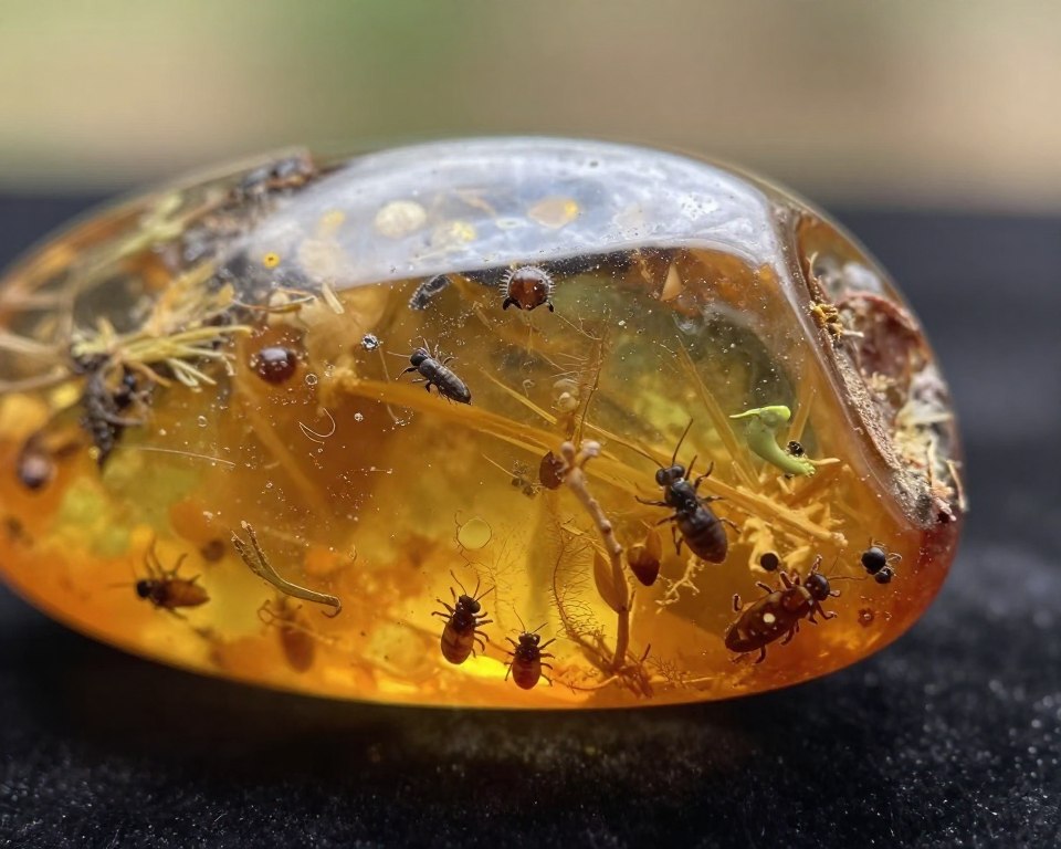 A close-up view of amber with intricate inclusions showcasing multiple tiny insects and plant materials trapped within, illuminated by soft, diffused natural light to highlight the warm, golden hues of the amber. In the foreground, focus on the detailed texture of the amber surface, rich in detail, with a few inclusions clearly visible. In the middle ground, a smooth, polished amber piece rests on a dark velvet surface, enhancing its vibrancy. The background is softly blurred, providing an earthy, natural tone to emphasize the amber’s ancient origins. The overall atmosphere is one of wonder and discovery, inviting the viewer to explore the hidden stories within the amber. A close-up view of amber with intricate inclusions showcasing multiple tiny insects and plant materials trapped within, illuminated by soft, diffused natural light to highlight the warm, golden hues of the amber. In the foreground, focus on the detailed texture of the amber surface, rich in detail, with a few inclusions clearly visible. In the middle ground, a smooth, polished amber piece rests on a dark velvet surface, enhancing its vibrancy. The background is softly blurred, providing an earthy, natural tone to emphasize the amber’s ancient origins. The overall atmosphere is one of wonder and discovery, inviting the viewer to explore the hidden stories within the amber.
