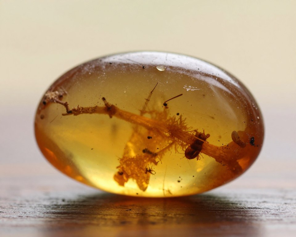 A close-up view of genuine amber, showcasing its rich golden and honey hues, with natural inclusions like tiny insects and plant matter encased within. The amber is placed on a smooth, dark wooden surface to enhance its warm glow. Soft, diffused lighting creates subtle highlights and shadows, emphasizing the unique textures and shapes of the amber. In the background, a blurred light gradient of soft earth tones suggests a natural setting, enhancing the organic vibe of the image. The scene evokes a sense of warmth and authenticity, inviting the viewer to appreciate the unique beauty and intricacies of real amber. A close-up view of genuine amber, showcasing its rich golden and honey hues, with natural inclusions like tiny insects and plant matter encased within. The amber is placed on a smooth, dark wooden surface to enhance its warm glow. Soft, diffused lighting creates subtle highlights and shadows, emphasizing the unique textures and shapes of the amber. In the background, a blurred light gradient of soft earth tones suggests a natural setting, enhancing the organic vibe of the image. The scene evokes a sense of warmth and authenticity, inviting the viewer to appreciate the unique beauty and intricacies of real amber.