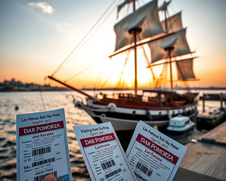 A close-up view of the exquisite sailing ship "Dar Pomorza" docked in Gdynia's harbor, surrounded by a serene sky during golden hour, casting warm, soft light on the ship's white sails and detailed wooden structure. In the foreground, tickets and brochures about visiting hours and pricing are artistically arranged, showcasing the ship’s historical significance. The middle ground features the majestic ship, highlighting its elegant lines and vibrant colors, set against the gentle waves of the sea. In the background, the coastal skyline of Gdynia subtly fades into a pastel sunset, enhancing the inviting mood. The composition should be rich in detail, capturing the essence of exploration and heritage. Use a wide-angle lens to encapsulate the grandeur, with a focus on clarity and realism. A close-up view of the exquisite sailing ship "Dar Pomorza" docked in Gdynia's harbor, surrounded by a serene sky during golden hour, casting warm, soft light on the ship's white sails and detailed wooden structure. In the foreground, tickets and brochures about visiting hours and pricing are artistically arranged, showcasing the ship’s historical significance. The middle ground features the majestic ship, highlighting its elegant lines and vibrant colors, set against the gentle waves of the sea. In the background, the coastal skyline of Gdynia subtly fades into a pastel sunset, enhancing the inviting mood. The composition should be rich in detail, capturing the essence of exploration and heritage. Use a wide-angle lens to encapsulate the grandeur, with a focus on clarity and realism.