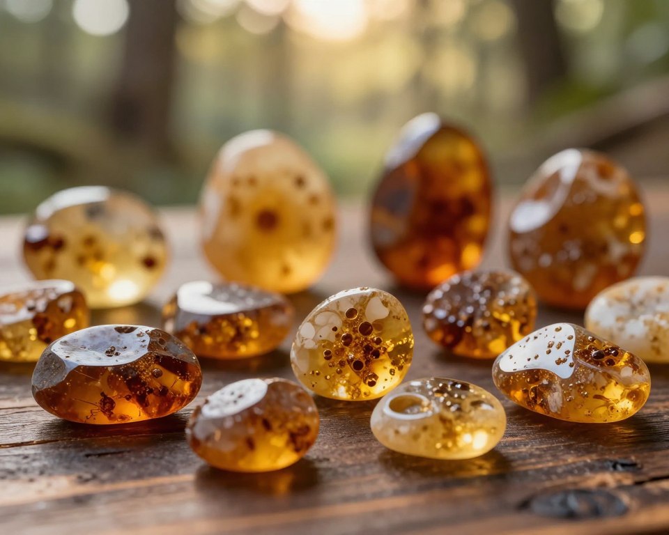 A collection of artificial amber imitations displayed on a dark wooden surface. In the foreground, showcase various shapes of resin pieces with rich golden and honey hues, capturing the intricate details and bubbles within the resin. In the middle, arrange some polished stones that resemble true amber, glistening under soft, warm lighting. The background features a faded natural landscape, hinting at a sunlit forest to evoke an earthy, organic feel. Use a slightly blurred depth of field to emphasize the textures of the resin while creating a dreamlike atmosphere. The overall mood should be inviting and educational, illuminating the beauty and allure of these synthetic amber substitutes. A collection of artificial amber imitations displayed on a dark wooden surface. In the foreground, showcase various shapes of resin pieces with rich golden and honey hues, capturing the intricate details and bubbles within the resin. In the middle, arrange some polished stones that resemble true amber, glistening under soft, warm lighting. The background features a faded natural landscape, hinting at a sunlit forest to evoke an earthy, organic feel. Use a slightly blurred depth of field to emphasize the textures of the resin while creating a dreamlike atmosphere. The overall mood should be inviting and educational, illuminating the beauty and allure of these synthetic amber substitutes.