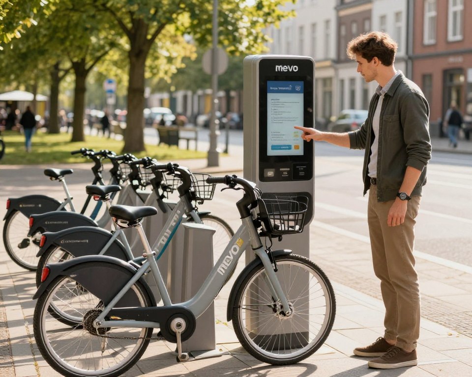 A contemporary urban setting in Gdańsk showcasing a bicycle reservation process with a sleek, modern Mevo bike in the foreground. A well-dressed young professional wearing casual yet polished clothing is interacting with a digital kiosk displaying the reservation interface, their finger poised to select options. In the middle ground, several shiny Mevo bikes are parked in a designated bike-sharing area, with green trees and an inviting urban park in the background. The scene is bathed in warm, natural sunlight, creating a friendly, welcoming atmosphere. The perspective is slightly tilted, capturing both the action of reserving a bike and the inviting environment, emphasizing the ease of access to this urban mobility solution.