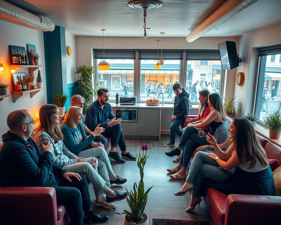 A cozy and inviting common area of Moon Hostel in Gdańsk, filled with comfortable seating and soft lighting, creating a warm and welcoming atmosphere. In the foreground, a diverse group of travelers, dressed in casual yet neat clothing, share their experiences with smiles and gestures, surrounded by colorful decor and potted plants. The middle ground features a communal kitchen area with modern appliances, while in the background, large windows reveal a glimpse of Długa Street, bustling with activity. The scene is illuminated by soft, warm light that highlights the friendly interactions among guests, evoking a sense of camaraderie and the joy of travel. The overall mood is positive and friendly, perfect for showcasing guest opinions and experiences. A cozy and inviting common area of Moon Hostel in Gdańsk, filled with comfortable seating and soft lighting, creating a warm and welcoming atmosphere. In the foreground, a diverse group of travelers, dressed in casual yet neat clothing, share their experiences with smiles and gestures, surrounded by colorful decor and potted plants. The middle ground features a communal kitchen area with modern appliances, while in the background, large windows reveal a glimpse of Długa Street, bustling with activity. The scene is illuminated by soft, warm light that highlights the friendly interactions among guests, evoking a sense of camaraderie and the joy of travel. The overall mood is positive and friendly, perfect for showcasing guest opinions and experiences.