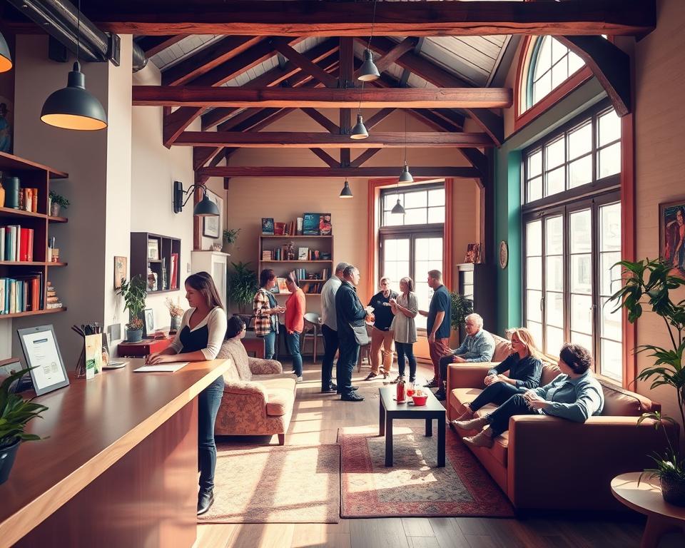 A cozy and inviting hostel interior in Gdańsk, emphasizing a welcoming atmosphere for travelers. In the foreground, a reception desk with a friendly staff member in professional attire assisting guests. The middle ground features comfortable communal areas with plush seating, plants, and travel brochures displayed. A group of diverse, modestly dressed travelers engaged in conversation enhances the social vibe. In the background, large windows allow for natural daylight to stream in, casting a warm glow across the scene. The architecture reflects the historic charm of Gdańsk, with wooden beams and colorful walls. The overall mood is friendly, vibrant, and communal, suggesting a perfect environment for budget travelers looking for a comfortable stay. A cozy and inviting hostel interior in Gdańsk, emphasizing a welcoming atmosphere for travelers. In the foreground, a reception desk with a friendly staff member in professional attire assisting guests. The middle ground features comfortable communal areas with plush seating, plants, and travel brochures displayed. A group of diverse, modestly dressed travelers engaged in conversation enhances the social vibe. In the background, large windows allow for natural daylight to stream in, casting a warm glow across the scene. The architecture reflects the historic charm of Gdańsk, with wooden beams and colorful walls. The overall mood is friendly, vibrant, and communal, suggesting a perfect environment for budget travelers looking for a comfortable stay.