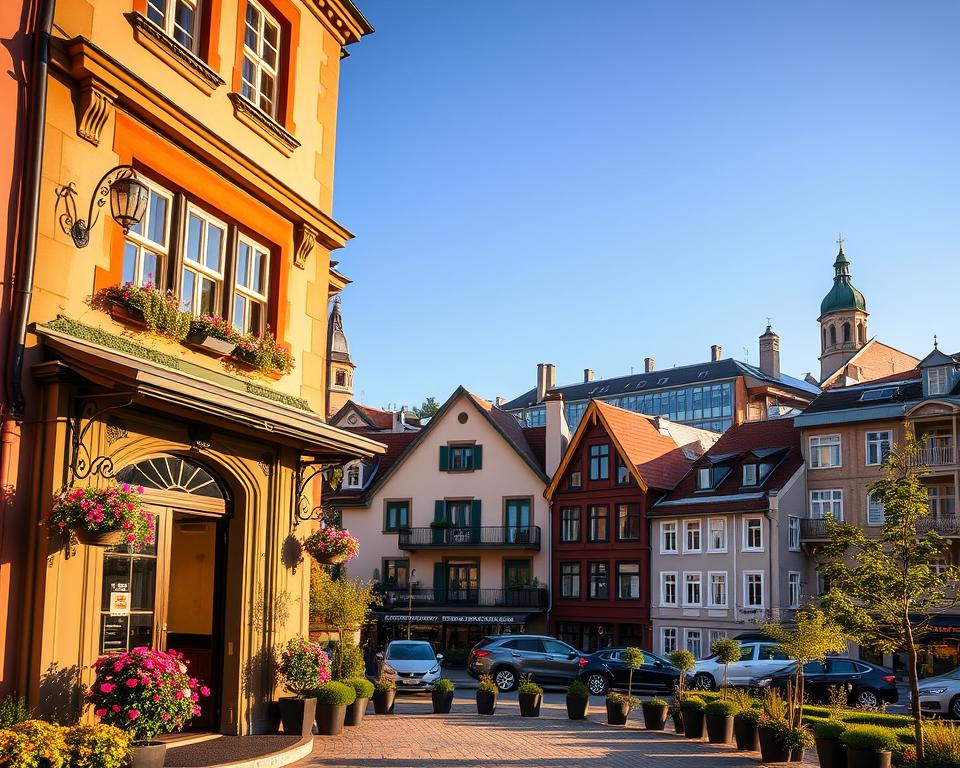 A cozy and inviting scene showcasing accommodation options in Gdańsk. In the foreground, present a charming boutique hotel with a stylish entrance, featuring ornate decorations and flowering plants. A welcoming reception area is visible through the front windows. In the middle ground, display a variety of lodging types, including a modern apartment, a traditional inn, and an upscale hotel, each highlighting distinct architectural styles. In the background, depict the beautiful Gdańsk skyline with historical buildings and a clear blue sky. Capture warm, natural lighting of a late afternoon, creating a welcoming atmosphere. Use a wide-angle perspective to encompass the depth and diversity of lodging available for tourists in Gdańsk. Aim for a tranquil and inviting mood, emphasizing comfort and choice in this vibrant city. A cozy and inviting scene showcasing accommodation options in Gdańsk. In the foreground, present a charming boutique hotel with a stylish entrance, featuring ornate decorations and flowering plants. A welcoming reception area is visible through the front windows. In the middle ground, display a variety of lodging types, including a modern apartment, a traditional inn, and an upscale hotel, each highlighting distinct architectural styles. In the background, depict the beautiful Gdańsk skyline with historical buildings and a clear blue sky. Capture warm, natural lighting of a late afternoon, creating a welcoming atmosphere. Use a wide-angle perspective to encompass the depth and diversity of lodging available for tourists in Gdańsk. Aim for a tranquil and inviting mood, emphasizing comfort and choice in this vibrant city.