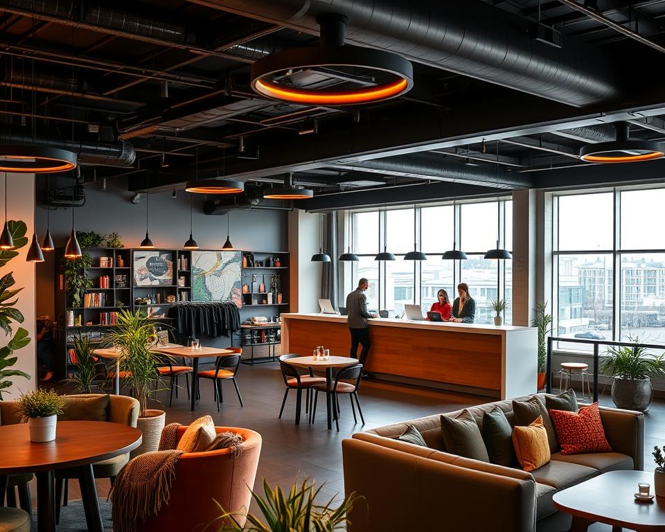 A cozy and modern interior of Moon Hostel in Gdańsk, showcasing its amenities. In the foreground, a well-furnished common area features comfy sofas and a communal dining table, with colorful decor and plants bringing warmth. The middle section reveals a spacious, inviting reception desk with friendly staff in smart casual attire, welcoming guests. In the background, large windows bathe the space in natural light, providing glimpses of the city outside. The atmosphere is lively yet relaxed, perfect for travelers. Soft, ambient lighting enhances the welcoming vibe. The scene captures a sense of community and comfort, inviting guests to enjoy their stay. A cozy and modern interior of Moon Hostel in Gdańsk, showcasing its amenities. In the foreground, a well-furnished common area features comfy sofas and a communal dining table, with colorful decor and plants bringing warmth. The middle section reveals a spacious, inviting reception desk with friendly staff in smart casual attire, welcoming guests. In the background, large windows bathe the space in natural light, providing glimpses of the city outside. The atmosphere is lively yet relaxed, perfect for travelers. Soft, ambient lighting enhances the welcoming vibe. The scene captures a sense of community and comfort, inviting guests to enjoy their stay.