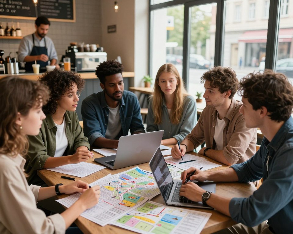 A cozy café scene featuring a group of diverse travelers sitting together around a table, engaged in planning their journey from Warsaw to Gdańsk. In the foreground, various travel itineraries, a laptop, and a map are spread out on the table. In the middle, the travelers, dressed in smart casual attire, are discussing transportation options-train, car, and airplane-while a barista prepares drinks in the background. Soft, natural lighting fills the café, creating a warm and inviting atmosphere. The background shows a large window with a view of a sunny street, adding a sense of connection to the outside world. The overall mood should be focused and energetic, capturing the spirit of travel planning.