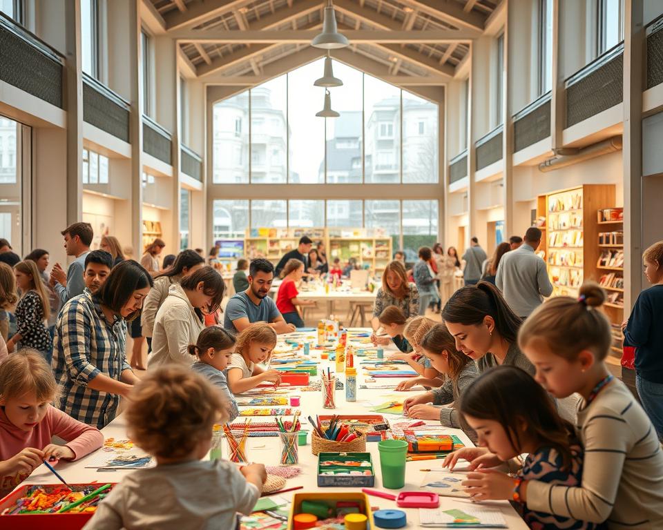 A cozy family workshop in a European center, filled with diverse families engaging in hands-on activities. In the foreground, children and parents can be seen working together on creative projects, surrounded by art supplies and educational materials. The middle section showcases a spacious, well-lit workshop area with colorful displays of crafts and interactive exhibits. In the background, large windows let in soft, natural light, illuminating the vibrant atmosphere. The architecture reflects modern European design, emphasizing openness and community. The scene embodies a joyful and inviting mood, capturing the essence of family bonding and creativity through workshops. Soft lighting enhances the warmth of the environment, providing a welcoming and inclusive feel. A cozy family workshop in a European center, filled with diverse families engaging in hands-on activities. In the foreground, children and parents can be seen working together on creative projects, surrounded by art supplies and educational materials. The middle section showcases a spacious, well-lit workshop area with colorful displays of crafts and interactive exhibits. In the background, large windows let in soft, natural light, illuminating the vibrant atmosphere. The architecture reflects modern European design, emphasizing openness and community. The scene embodies a joyful and inviting mood, capturing the essence of family bonding and creativity through workshops. Soft lighting enhances the warmth of the environment, providing a welcoming and inclusive feel.