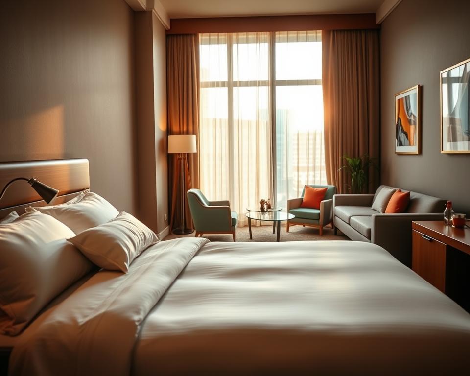 A cozy hotel room featuring a comfortable queen-sized bed with plush bedding and elegant pillows, neatly arranged. The foreground showcases a wooden bedside table with a stylish lamp and a glass of water, adding a touch of hospitality. In the middle, large windows allow soft, warm sunlight to cascade through sheer curtains, illuminating a tasteful decor of soft colors and modern artwork on the walls. The background includes a glimpse of a well-furnished sitting area with a contemporary sofa and a small coffee table, creating a welcoming atmosphere for relaxation. The scene captures a serene mood, highlighting the comfort and variety of lodging options available. The image is captured with a warm ambiance, using soft focus to emphasize the inviting details of the room.