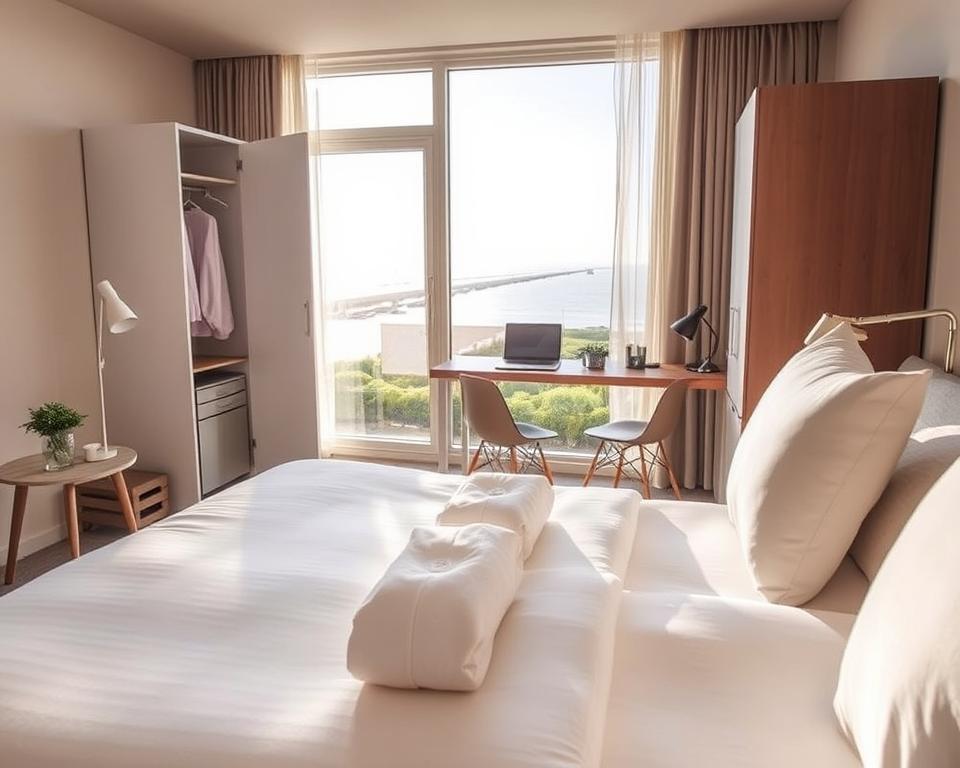 A cozy, inviting scene depicting modern accommodations in Gdańsk, showcasing various amenities in a stylish room setting. In the foreground, a neatly made bed with plush pillows and soft blankets, next to a small bedside table featuring a lamp and a decorative plant. The middle ground presents an open wardrobe with fresh towels and a mini-bar, while a modern desk with a laptop suggests a work-friendly environment. In the background, large windows reveal a stunning view of the nearby beach and lush green surroundings, with gentle sunlight streaming through, creating a warm atmosphere. The image exudes a sense of comfort and relaxation, suitable for a seaside stay. A cozy, inviting scene depicting modern accommodations in Gdańsk, showcasing various amenities in a stylish room setting. In the foreground, a neatly made bed with plush pillows and soft blankets, next to a small bedside table featuring a lamp and a decorative plant. The middle ground presents an open wardrobe with fresh towels and a mini-bar, while a modern desk with a laptop suggests a work-friendly environment. In the background, large windows reveal a stunning view of the nearby beach and lush green surroundings, with gentle sunlight streaming through, creating a warm atmosphere. The image exudes a sense of comfort and relaxation, suitable for a seaside stay.