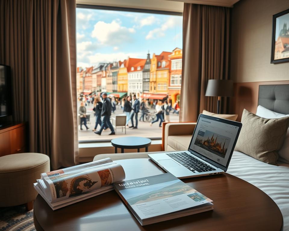 A cozy, inviting scene depicting the advantages of booking accommodation in Gdańsk, featuring a tastefully decorated hotel room with modern amenities. In the foreground, a stylish table set with travel brochures and a laptop showcasing booking options. In the middle, a large window provides a view of Gdańsk's historical architecture with colorful buildings and the iconic waterfront. Soft, warm lighting creates an atmosphere of comfort and relaxation, emphasizing the appeal of short and long stays. The background features a bustling street with tourists enjoying the vibrant city life. The mood is welcoming and informative, ideal for illustrating the benefits of choosing Gdańsk for a stay. Capture this from a slightly elevated angle to provide depth and context. A cozy, inviting scene depicting the advantages of booking accommodation in Gdańsk, featuring a tastefully decorated hotel room with modern amenities. In the foreground, a stylish table set with travel brochures and a laptop showcasing booking options. In the middle, a large window provides a view of Gdańsk's historical architecture with colorful buildings and the iconic waterfront. Soft, warm lighting creates an atmosphere of comfort and relaxation, emphasizing the appeal of short and long stays. The background features a bustling street with tourists enjoying the vibrant city life. The mood is welcoming and informative, ideal for illustrating the benefits of choosing Gdańsk for a stay. Capture this from a slightly elevated angle to provide depth and context.