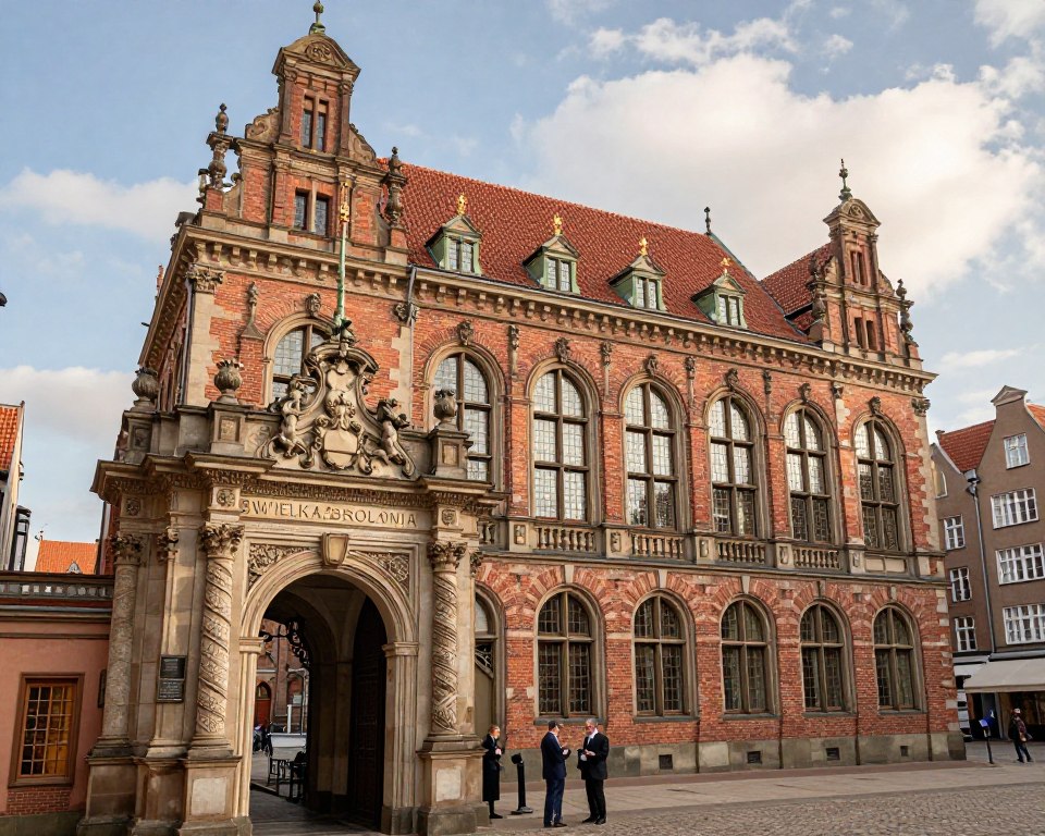 A detailed and historically inspired image of the "Wielka Zbrojownia" in Gdańsk, showcasing its architectural magnificence. In the foreground, focus on the grand entrance, embellished with intricate Mannerist details such as ornamental pillars and decorative stone carvings. In the middle, depict the building’s façade, highlighting large arched windows and a captivating roofline, with historical figures in professional attire discussing its significance. The background reveals a serene Gdańsk skyline with soft clouds in a blue sky. Soft, warm lighting creates an inviting atmosphere, emphasizing the texture of the brickwork and the elegance of the design. The perspective is slightly elevated, capturing both the grandeur of the building and the engaging scene in front, invoking a sense of historical importance and cultural richness.