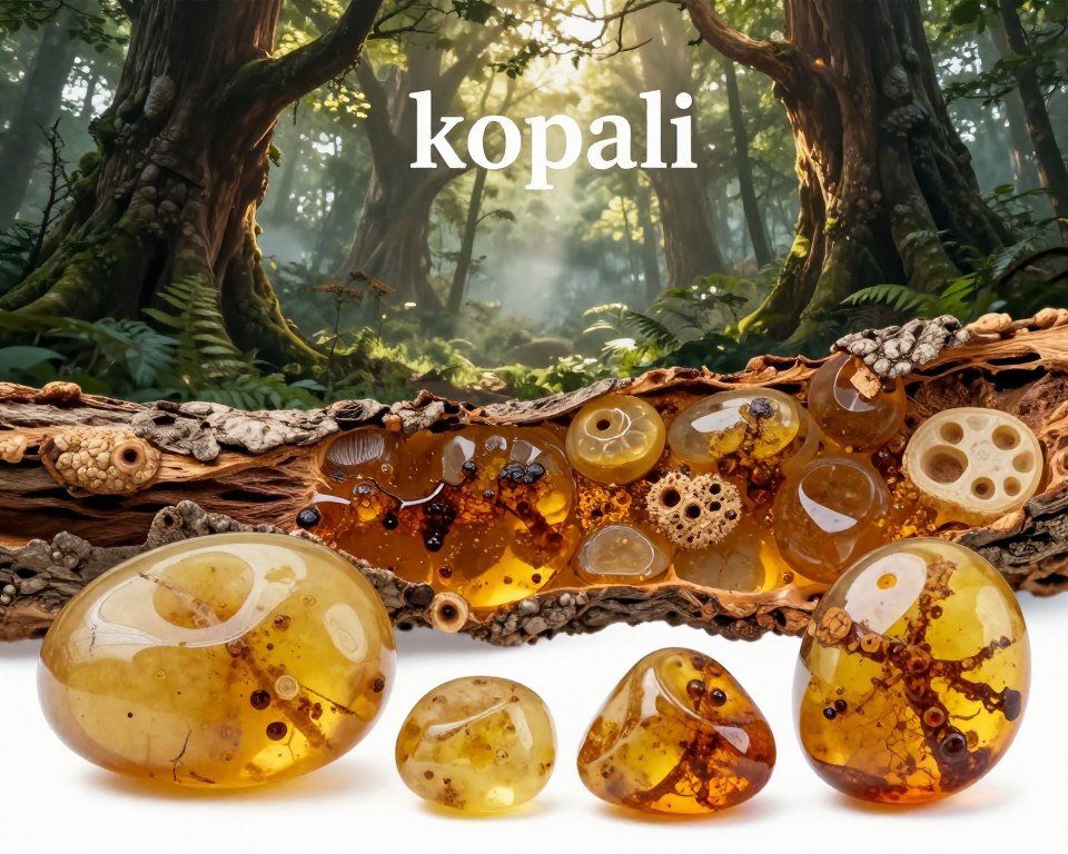 A detailed and informative illustration of "kopali" amber, showcasing its unique characteristics and origins. In the foreground, display several pieces of kopali amber, highlighting their translucent quality, natural inclusions, and varying shades of yellow and brown. The middle ground should feature a textured surface of ancient tree resin or a cross-section of the fossilized amber, emphasizing its organic origins. In the background, include a misty, prehistoric forest setting, with ancient trees and dappled sunlight filtering through the leaves, creating a warm and inviting atmosphere. Use soft, natural lighting to enhance the glow of the amber and the rich greens of the foliage. The image should convey a sense of history and nature, inviting the viewer to explore the enigmatic world of kopali. A detailed and informative illustration of "kopali" amber, showcasing its unique characteristics and origins. In the foreground, display several pieces of kopali amber, highlighting their translucent quality, natural inclusions, and varying shades of yellow and brown. The middle ground should feature a textured surface of ancient tree resin or a cross-section of the fossilized amber, emphasizing its organic origins. In the background, include a misty, prehistoric forest setting, with ancient trees and dappled sunlight filtering through the leaves, creating a warm and inviting atmosphere. Use soft, natural lighting to enhance the glow of the amber and the rich greens of the foliage. The image should convey a sense of history and nature, inviting the viewer to explore the enigmatic world of kopali.