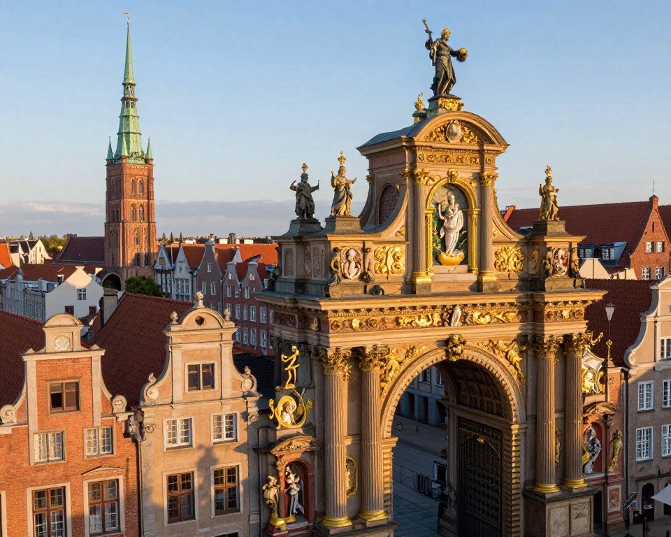 A detailed and majestic view of the Golden Gate (Złota Brama) in Gdańsk, showcasing its architectural heritage and stylistic influences. In the foreground, intricate baroque sculptures, including vibrant reliefs of mythological figures and allegorical representations, are highlighted, with soft morning sunlight casting gentle shadows. The middle ground features the golden ornamental details and the elegant archway of the gate itself, adorned with historic motifs and textures. In the background, the skyline of Gdańsk reveals a blend of Gothic and Renaissance architecture, bathed in warm golden hues of dawn. The atmosphere is one of reverence and historical significance, with a serene and inspiring mood. Use a slightly elevated angle to capture the grandeur of the structure, focusing on the intricate details while maintaining a panoramic view of the surroundings.