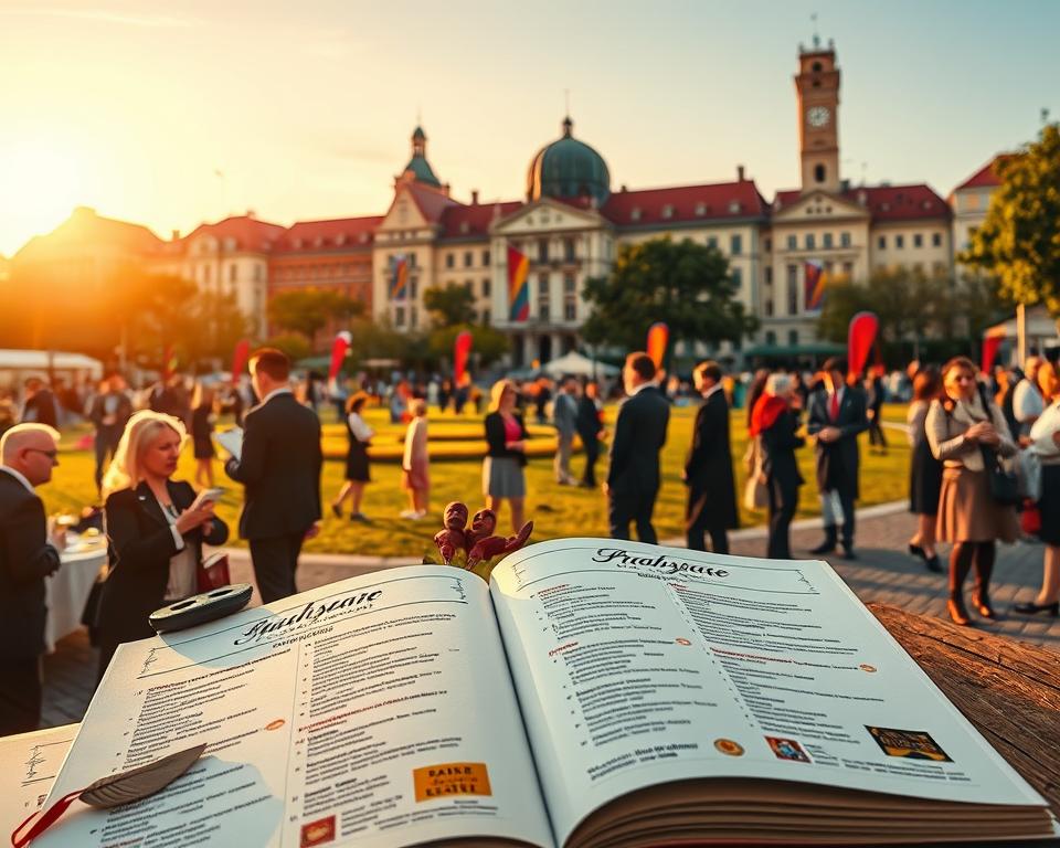 A detailed and visually engaging illustration of a festival program guide, specifically for a Shakespearean festival in Gdańsk. In the foreground, a beautifully designed program booklet is open, showcasing various event listings with elegant typography and colorful graphics, surrounded by small theatrical props like masks and quills. In the middle, a serene park scene with people in professional attire enjoying the festival atmosphere-some reading the program, while others discuss performances. The background features historical buildings of Gdańsk with banners and decorations celebrating the event, under a soft golden sunset light that casts warm tones across the scene, evoking a cheerful and cultured mood. The perspective is slightly elevated, capturing the vibrancy and energy of the gathering without any text or branding elements. A detailed and visually engaging illustration of a festival program guide, specifically for a Shakespearean festival in Gdańsk. In the foreground, a beautifully designed program booklet is open, showcasing various event listings with elegant typography and colorful graphics, surrounded by small theatrical props like masks and quills. In the middle, a serene park scene with people in professional attire enjoying the festival atmosphere-some reading the program, while others discuss performances. The background features historical buildings of Gdańsk with banners and decorations celebrating the event, under a soft golden sunset light that casts warm tones across the scene, evoking a cheerful and cultured mood. The perspective is slightly elevated, capturing the vibrancy and energy of the gathering without any text or branding elements.