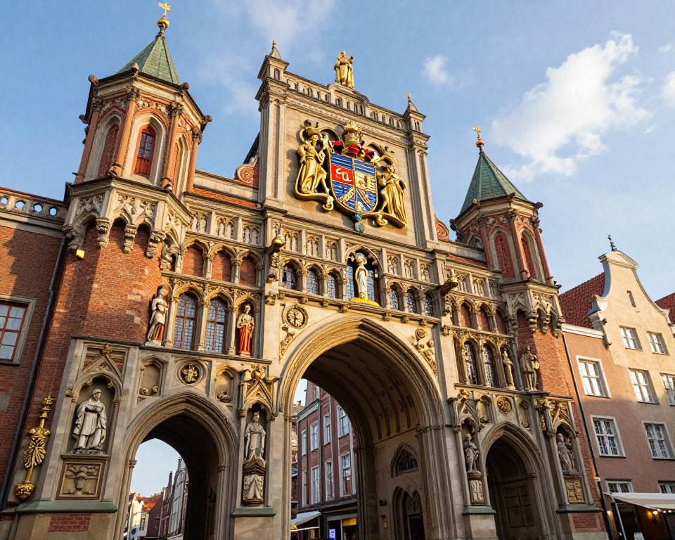A detailed architectural representation of the Gdańsk coat of arms integrated into the intricate facade of the Golden Gate (Złota Brama) in Gdańsk. In the foreground, highlight the ornate relief sculptures showcasing historical figures and elements symbolizing Gdańsk’s maritime heritage. In the middle, capture the grandeur of the gate itself, with its gothic arches and vibrant colors, bathed in warm, afternoon sunlight, creating a welcoming atmosphere. The background features a clear blue sky with soft clouds, enhancing the beauty of the architecture. Use a wide-angle lens effect to emphasize the gates’ height and artistry, ensuring the scene conveys a sense of pride and historical significance associated with Gdańsk's architectural symbols.