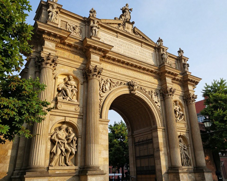 A detailed architectural view of the Golden Gate in Gdańsk, showcasing its ornate sculptures and intricate inscriptions. In the foreground, focus on the exquisite stone carvings of mythological figures, with expressions of grandeur and historical significance. The middle ground captures the majestic archway, highlighting decorative motifs and allegorical elements, surrounded by lush greenery. The background features a bright blue sky, enhancing the golden hues of the gate. The image is illuminated by soft morning light, casting gentle shadows that emphasize the textures of the stone. Use a slightly elevated angle to provide a comprehensive view, instilling a sense of awe and reverence in the atmosphere.