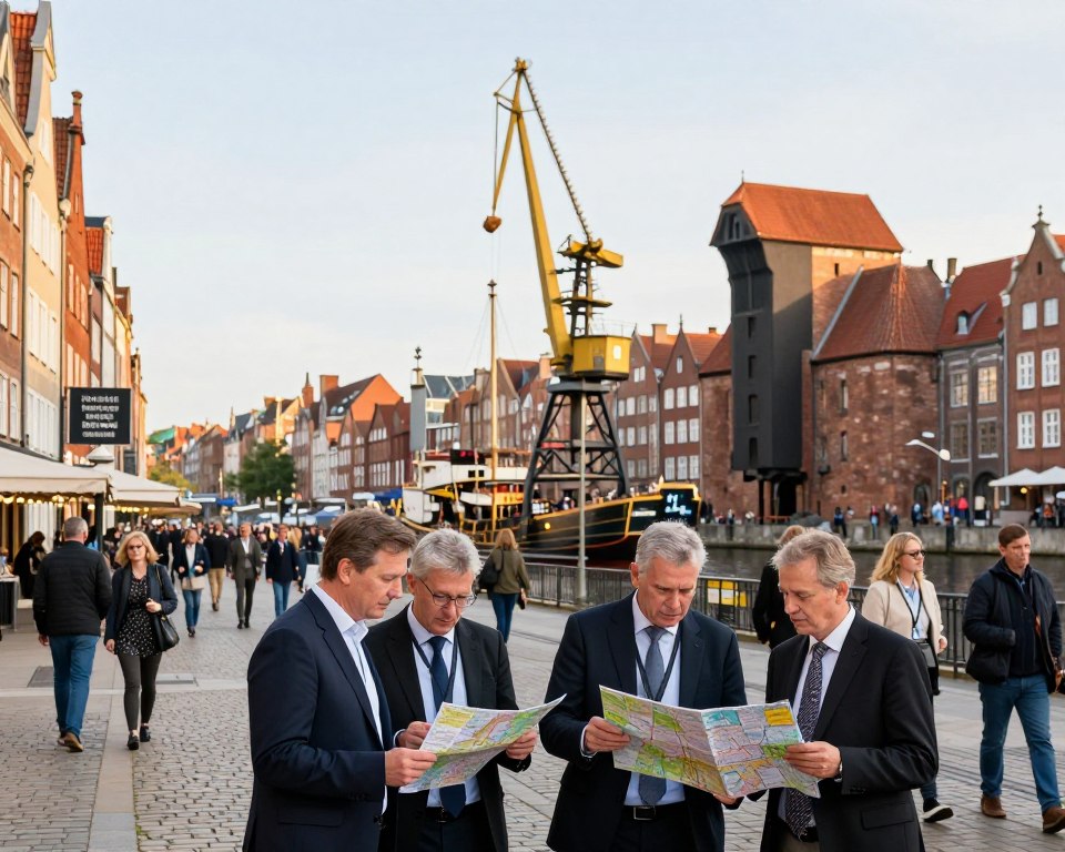A detailed cityscape of Gdańsk, focusing on the historic shipyard district. In the foreground, a bustling street scene with people dressed in professional business attire, consulting maps and discussing routes; they appear engaged and eager to explore. In the middle ground, showcase a clear view of the iconic Gdańsk shipyard cranes glimmering under soft, warm afternoon sunlight, surrounded by well-maintained pathways and informative signs about travel tips. The background features traditional Gdańsk architecture, subtly blurred to emphasize the foreground action. The overall atmosphere should be vibrant and inviting, highlighting the significance of the shipyard as a cultural landmark and emphasizing accessibility. Use a vibrant color palette to capture the essence of Gdańsk, with a slightly elevated angle to provide a comprehensive view of the area. A detailed cityscape of Gdańsk, focusing on the historic shipyard district. In the foreground, a bustling street scene with people dressed in professional business attire, consulting maps and discussing routes; they appear engaged and eager to explore. In the middle ground, showcase a clear view of the iconic Gdańsk shipyard cranes glimmering under soft, warm afternoon sunlight, surrounded by well-maintained pathways and informative signs about travel tips. The background features traditional Gdańsk architecture, subtly blurred to emphasize the foreground action. The overall atmosphere should be vibrant and inviting, highlighting the significance of the shipyard as a cultural landmark and emphasizing accessibility. Use a vibrant color palette to capture the essence of Gdańsk, with a slightly elevated angle to provide a comprehensive view of the area.