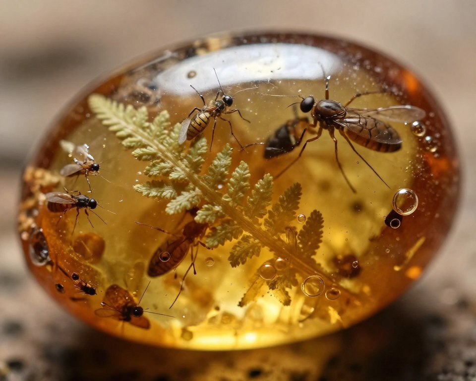 A detailed close-up of authentic amber inclusions featuring insects and ancient plant matter embedded within the translucent resin. The foreground showcases a piece of amber with finely detailed, visible air bubbles, showcasing the rich golden and honey hues of the amber. In the middle, highlight various inclusions, such as a prehistoric mosquito and delicate fern leaves, with sharp clarity, revealing their intricate structures. The background should be softly blurred, hinting at a natural setting, with warm indirect lighting that casts gentle shadows, creating a sense of warmth and rich history. The atmosphere should evoke curiosity and wonder, inviting viewers to explore the beauty of these ancient treasures. Use a macro lens perspective to capture the minute details effectively. A detailed close-up of authentic amber inclusions featuring insects and ancient plant matter embedded within the translucent resin. The foreground showcases a piece of amber with finely detailed, visible air bubbles, showcasing the rich golden and honey hues of the amber. In the middle, highlight various inclusions, such as a prehistoric mosquito and delicate fern leaves, with sharp clarity, revealing their intricate structures. The background should be softly blurred, hinting at a natural setting, with warm indirect lighting that casts gentle shadows, creating a sense of warmth and rich history. The atmosphere should evoke curiosity and wonder, inviting viewers to explore the beauty of these ancient treasures. Use a macro lens perspective to capture the minute details effectively.