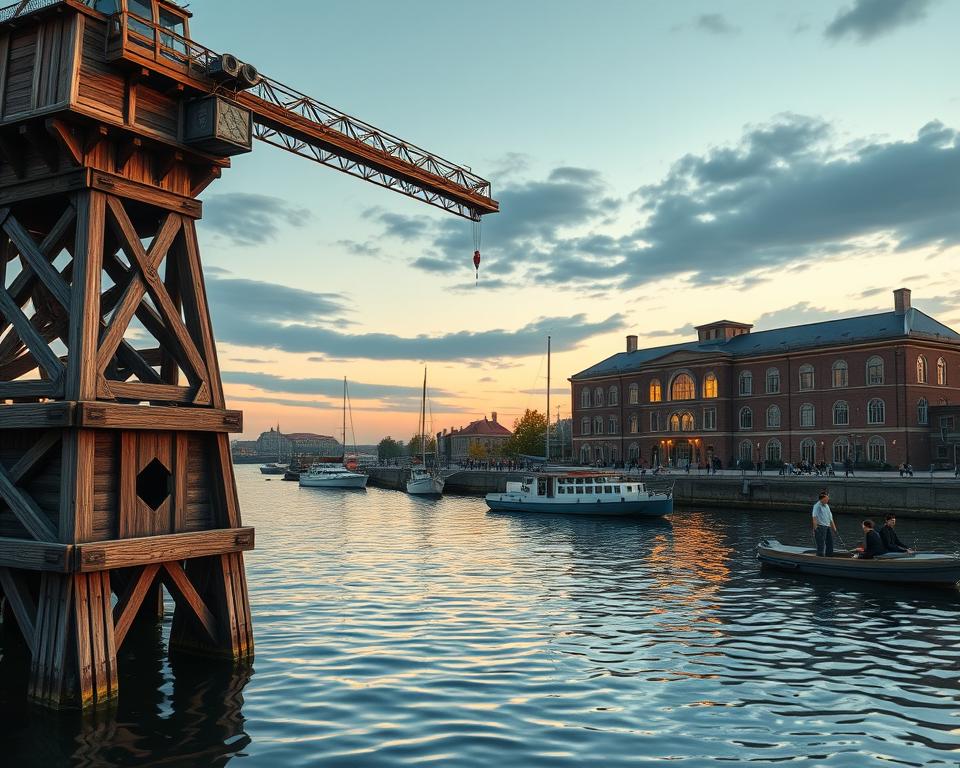 A detailed illustration of the Gdańsk Crane, a notable historical structure, located by the waterfront of the Motława River, with the National Maritime Museum in the background. The foreground features the intricately designed wooden crane, highlighting its impressive mechanism and medieval architecture, surrounded by gentle ripples in the water reflecting the evening sky. In the middle, local boats and a few tourists dressed in modest casual attire can be seen exploring the area, adding liveliness to the scene. The background showcases the museum's brick façade under soft, warm lighting of the sunset, enhancing the historical ambiance. The overall mood is serene and inviting, evoking a sense of cultural significance and maritime heritage. Shot from a low angle to emphasize the crane's towering structure against the evening sky.