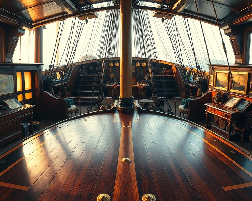 A detailed interior view of the historic sailing ship Dar Pomorza, showcasing its elegant architecture and richly decorated spaces. In the foreground, highlight the polished wooden deck with intricate inlays and brass fixtures. The middle ground features the ship's main cabin, filled with nautical memorabilia, vintage maps, and polished furniture, all illuminated by warm, golden light filtering through large windows. The background reveals the ship's rigging and masts through the open hatches, enhancing the maritime atmosphere. Capture the ambiance of history, adventure, and exploration, with soft shadows and a sense of nostalgia. The image should convey a serene yet inspiring mood, inviting viewers to appreciate the rich maritime heritage of Dar Pomorza. No people present in the scene. A detailed interior view of the historic sailing ship Dar Pomorza, showcasing its elegant architecture and richly decorated spaces. In the foreground, highlight the polished wooden deck with intricate inlays and brass fixtures. The middle ground features the ship's main cabin, filled with nautical memorabilia, vintage maps, and polished furniture, all illuminated by warm, golden light filtering through large windows. The background reveals the ship's rigging and masts through the open hatches, enhancing the maritime atmosphere. Capture the ambiance of history, adventure, and exploration, with soft shadows and a sense of nostalgia. The image should convey a serene yet inspiring mood, inviting viewers to appreciate the rich maritime heritage of Dar Pomorza. No people present in the scene.