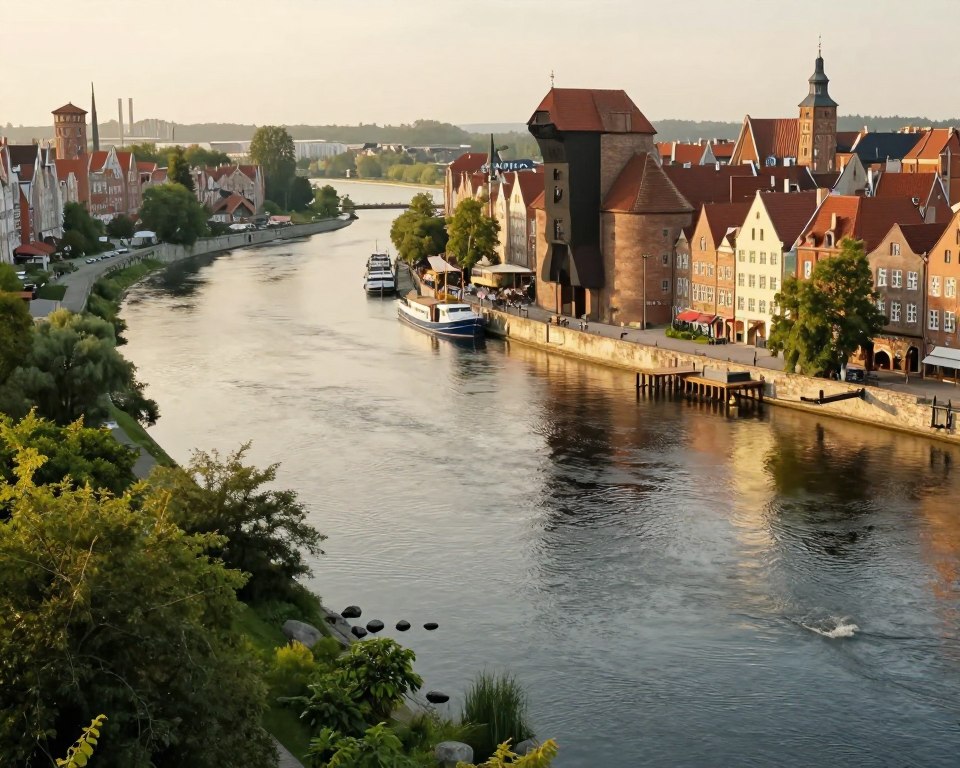 A detailed landscape illustration of the hydrological course of the Motława River in Gdańsk. In the foreground, a winding river with gentle ripples reflecting sunlight, bordered by lush greenery and small rocks. The middle ground features historical buildings along the riverbanks, showcasing Gdańsk's architectural heritage, with moored boats and wooden piers. In the background, a blend of tranquil nature and urban elements, such as distant industrial structures and trees, illustrating the river's environmental and urban significance. Soft, golden hour lighting creates a serene atmosphere, with a focus on the interplay of water, light, and reflections. The perspective should be slightly elevated, resembling a wide-angle view to capture the river's flow and surrounding landscape harmoniously.
