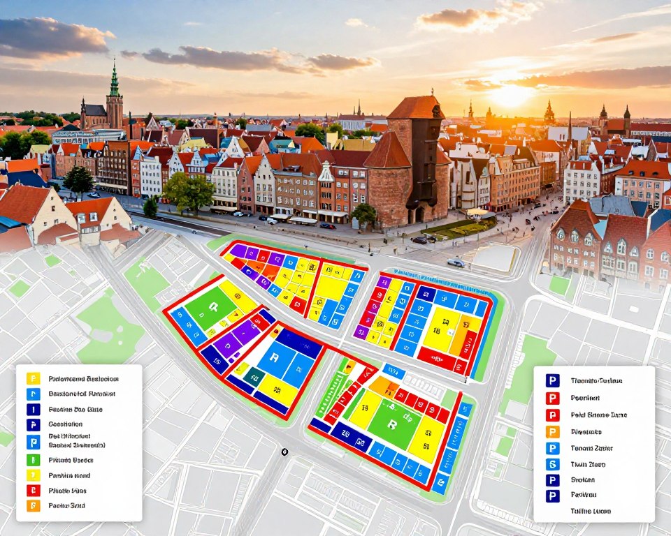 A detailed map of Gdańsk highlighting paid parking zones, featuring distinct color-coded areas to differentiate between various parking tariffs and time limits. In the foreground, include zoomed-in sections of the streets with clear markers for parking spots. The middle ground should showcase key landmarks like the Gdańsk Old Town and popular tourist attractions, seamlessly integrated into the layout of the parking zones. The background features a soft sunset sky, casting warm golden light over the cityscape, enhancing the inviting atmosphere. Emphasize clarity and easy readability, ensuring that the map is visually appealing for an informative purpose. The overall mood should evoke a sense of urban planning and community organization without any text overlays.
