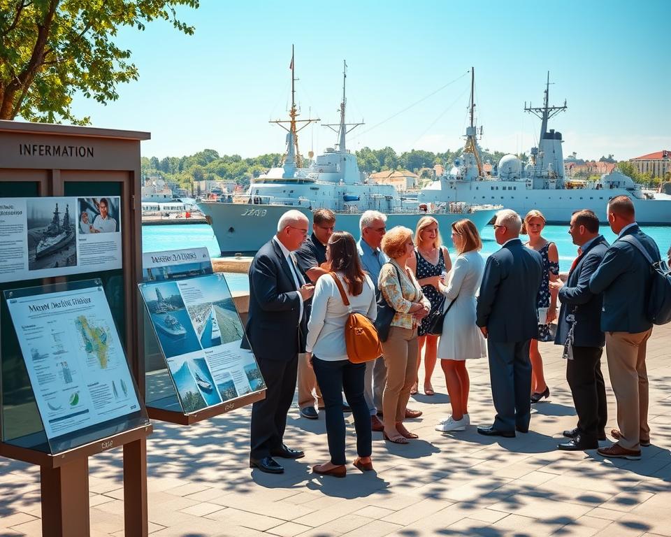 A detailed scene capturing practical information for visitors at the Muzeum Marynarki Wojennej, Gdynia. In the foreground, display an elegant information kiosk featuring maps and brochures about exhibits and ships. The middle ground showcases a handful of well-dressed tourists, diverse in ages and backgrounds, engaging with staff in navy uniforms, providing guidance. In the background, majestic naval vessels are docked, with vibrant blue waters and a clear sky enhancing the setting. The lighting is warm and inviting, suggesting a sunny day, with shadows cast on the ground from the nearby trees. The atmosphere is lively yet informative, conveying a sense of exploration and curiosity, perfect for a cultural experience.
