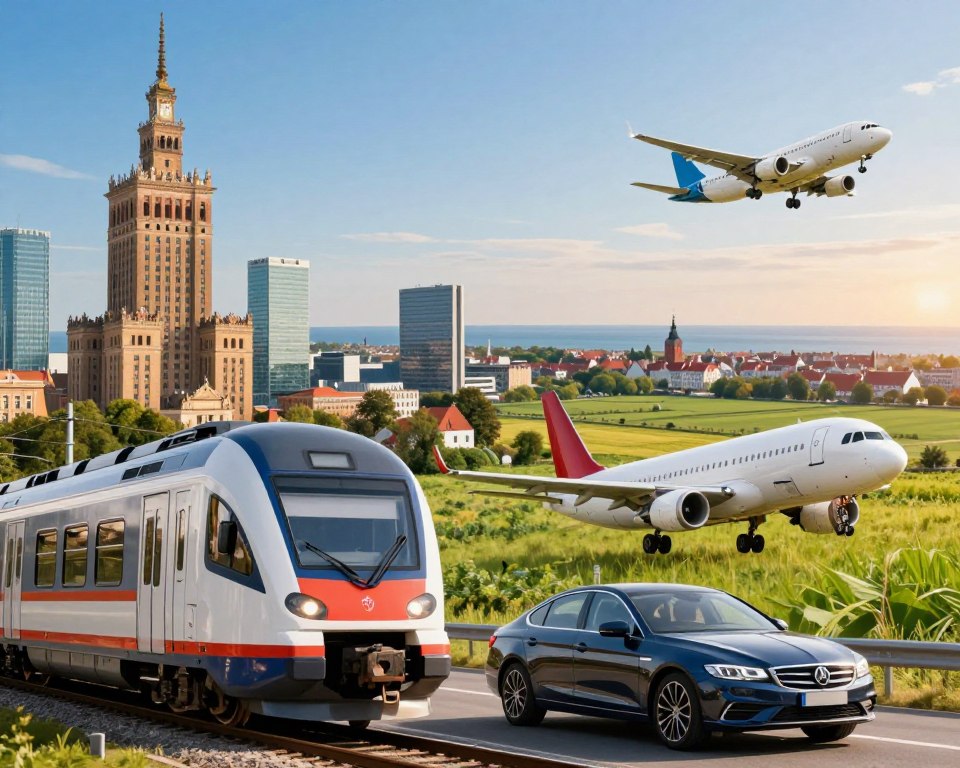 A detailed travel guide illustration showing various transportation methods from Warsaw to Gdańsk. In the foreground, a modern train, an elegant car, and an airplane poised for takeoff, showcasing the options for travel. In the middle, a scenic split-view of the journey: urban Warsaw on one side with skyscrapers, then transitioning to lush green fields and coastal views leading to Gdańsk in the distance. The background features a clear blue sky with a subtle sunset glow, creating a warm, inviting atmosphere. The lighting is natural, highlighting the textures of the vehicles and the landscapes. The composition should evoke a sense of adventure and exploration, appealing to travelers looking for guidance.