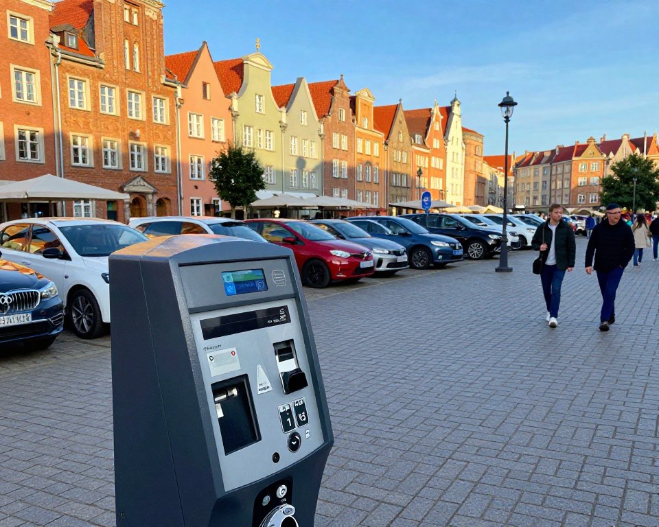 A detailed view of a parking payment machine in Gdańsk, captured in a vibrant, bustling city square. The foreground features a modern parking meter with a sleek interface and payment buttons prominently displayed. In the middle ground, include a line of parked cars, showcasing various colors and models that reflect Gdańsk’s architectural style. In the background, depict charming historic buildings characteristic of the Old Town, under a clear blue sky, bathed in warm, afternoon sunlight. The atmosphere is lively, with a couple of pedestrians casually walking by, dressed in smart casual attire. Use a wide-angle lens perspective to capture the depth of the scene, emphasizing the integration of modern convenience within the historical context of Gdańsk.