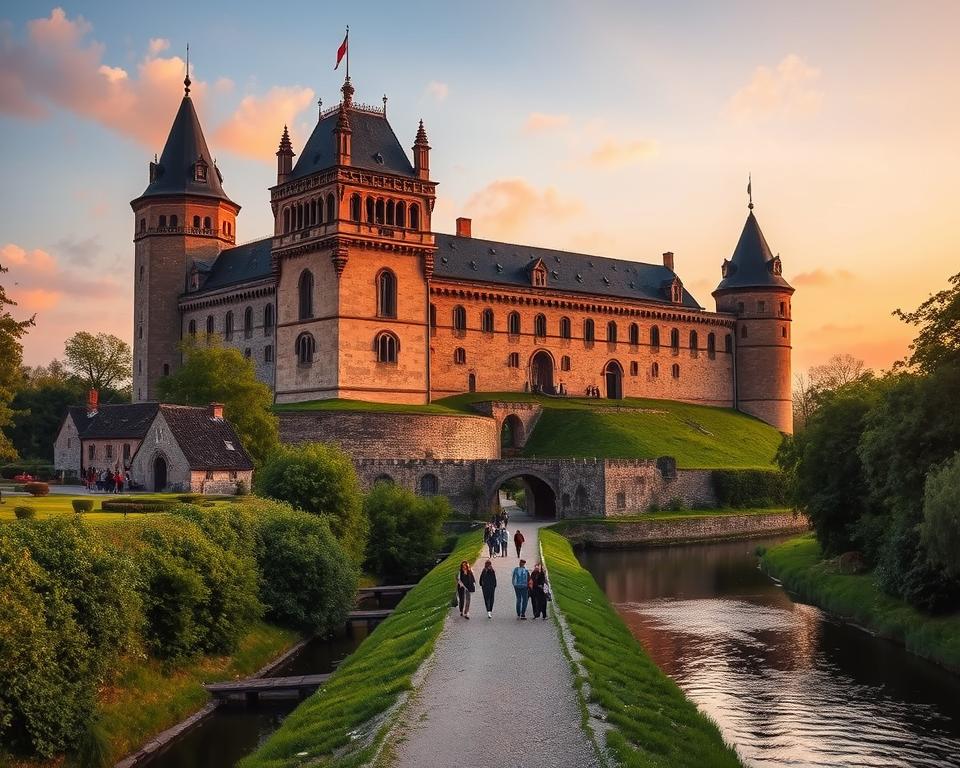 A detailed view of the Malbork Castle, showcasing its impressive Gothic architecture and fortified walls, situated prominently in the foreground. Lush greenery surrounds the castle, with a serene river flowing gently at the base, reflecting the warm golden light of the setting sun. In the middle ground, a clear pathway leads visitors towards the castle entrance, where tourists in modest clothing explore the historical site. The background features a vivid sky, painted with soft pastel hues of orange and pink, suggesting a tranquil evening atmosphere. The overall mood should evoke a sense of exploration and history, inviting viewers to contemplate the rich past of this iconic landmark. The image should be captured from a slightly elevated angle for a comprehensive perspective, highlighting the castle's grandeur and the beauty of its surroundings. A detailed view of the Malbork Castle, showcasing its impressive Gothic architecture and fortified walls, situated prominently in the foreground. Lush greenery surrounds the castle, with a serene river flowing gently at the base, reflecting the warm golden light of the setting sun. In the middle ground, a clear pathway leads visitors towards the castle entrance, where tourists in modest clothing explore the historical site. The background features a vivid sky, painted with soft pastel hues of orange and pink, suggesting a tranquil evening atmosphere. The overall mood should evoke a sense of exploration and history, inviting viewers to contemplate the rich past of this iconic landmark. The image should be captured from a slightly elevated angle for a comprehensive perspective, highlighting the castle's grandeur and the beauty of its surroundings.