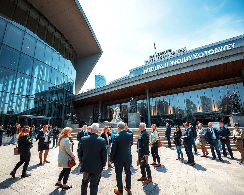 A detailed view of the Muzeum II Wojny Światowej in Gdańsk, featuring the striking architectural elements of the museum's exterior with its modern glass and metal facade. In the foreground, a diverse group of visitors dressed in professional attire explores the outdoor exhibits, pointing and discussing. The middle section showcases the museum's entrance, adorned with sculptures and military memorabilia, creating a historical context. In the background, the iconic Gdańsk skyline under a clear blue sky enhances the scene. The lighting is bright and inviting, evoking a sense of curiosity and respect. Capture this image with a wide-angle lens to emphasize the grandeur of the space and the interaction of visitors, creating an engaging atmosphere for learning and exploration. A detailed view of the Muzeum II Wojny Światowej in Gdańsk, featuring the striking architectural elements of the museum's exterior with its modern glass and metal facade. In the foreground, a diverse group of visitors dressed in professional attire explores the outdoor exhibits, pointing and discussing. The middle section showcases the museum's entrance, adorned with sculptures and military memorabilia, creating a historical context. In the background, the iconic Gdańsk skyline under a clear blue sky enhances the scene. The lighting is bright and inviting, evoking a sense of curiosity and respect. Capture this image with a wide-angle lens to emphasize the grandeur of the space and the interaction of visitors, creating an engaging atmosphere for learning and exploration.