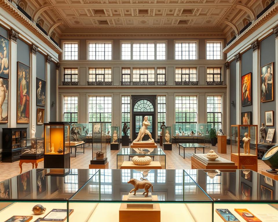 A detailed view of the Muzeum Narodowe w Gdańsku, capturing its impressive architecture and elegant displays. In the foreground, showcase a well-lit exhibition space with carefully arranged artifacts from various collections, emphasizing the museum's rich history. In the middle ground, exhibit a variety of artworks, sculptures, and historical objects, highlighting the museum's most significant collections. The background should include the museum's iconic façade, elegantly framed by large windows allowing natural light to illuminate the interior. Use a soft-focus effect to enhance the vibrant colors of the artifacts and create a warm, inviting atmosphere, reminiscent of a cultural haven. The scene should evoke a sense of discovery and appreciation for art and history, suitable for an audience interested in cultural heritage.
