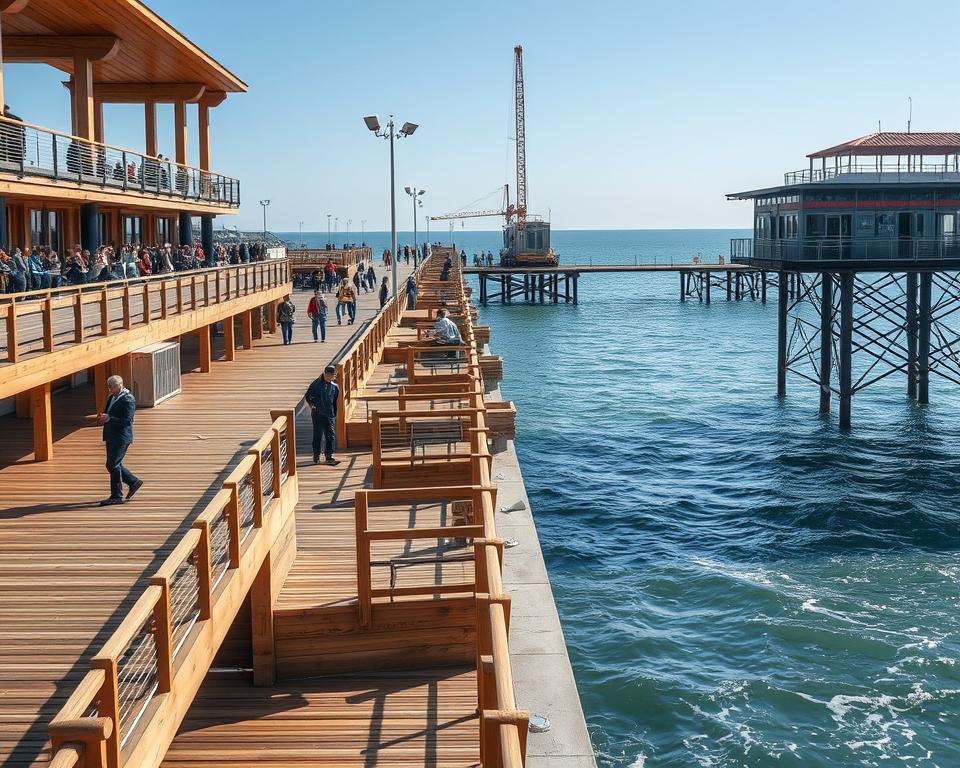 A detailed view of the Sopot Pier, showcasing its recent structural expansions and architectural modifications. In the foreground, emphasize the newly constructed wooden sections of the pier, featuring modern railings and spacious walkways populated by visitors. In the middle ground, depict construction workers in professional attire, actively engaging in the renovation work, using tools and machinery. The background should capture the serene Baltic Sea, with gentle waves and a clear blue sky, hinting at the pier's historical significance. The lighting is bright and vibrant, reminiscent of a sunny day, with soft shadows enhancing the structures. The composition should evoke a sense of progress and community along this iconic waterfront, blending tradition with contemporary design elements. A detailed view of the Sopot Pier, showcasing its recent structural expansions and architectural modifications. In the foreground, emphasize the newly constructed wooden sections of the pier, featuring modern railings and spacious walkways populated by visitors. In the middle ground, depict construction workers in professional attire, actively engaging in the renovation work, using tools and machinery. The background should capture the serene Baltic Sea, with gentle waves and a clear blue sky, hinting at the pier's historical significance. The lighting is bright and vibrant, reminiscent of a sunny day, with soft shadows enhancing the structures. The composition should evoke a sense of progress and community along this iconic waterfront, blending tradition with contemporary design elements.