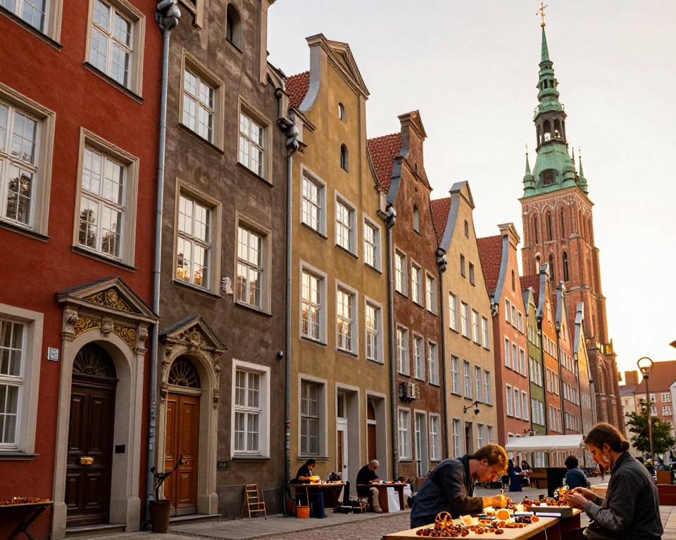 A detailed view of the historical tenement houses on Mariacka Street in Gdańsk, showcasing intricate architectural features and vibrant colors. In the foreground, ornate facades with decorated doorways and windows reflect the craftsmanship of local artisans. The middle ground highlights craftsmen at work, creating exquisite amber jewelry, their tools subtly arranged around them. The background captures the iconic St. Mary’s Church, partially shrouded in soft, golden evening light, casting a warm glow over the scene. The atmosphere is inviting and enchanting, evoking a sense of mystery and history. Focus on a slightly tilted angle to emphasize the buildings' height and unique features. Soft shadows and highlights enhance the textures of stone and amber, creating a captivating historical narrative. A detailed view of the historical tenement houses on Mariacka Street in Gdańsk, showcasing intricate architectural features and vibrant colors. In the foreground, ornate facades with decorated doorways and windows reflect the craftsmanship of local artisans. The middle ground highlights craftsmen at work, creating exquisite amber jewelry, their tools subtly arranged around them. The background captures the iconic St. Mary’s Church, partially shrouded in soft, golden evening light, casting a warm glow over the scene. The atmosphere is inviting and enchanting, evoking a sense of mystery and history. Focus on a slightly tilted angle to emphasize the buildings' height and unique features. Soft shadows and highlights enhance the textures of stone and amber, creating a captivating historical narrative.
