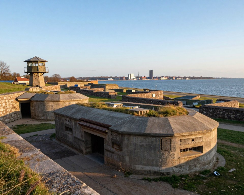 A detailed view of the military architecture on Westerplatte, showcasing iconic structures such as concrete bunkers, fortified positions, and observation towers, set against the backdrop of the Gdańsk skyline. In the foreground, include elements of robust stone and weathered metal, portraying the resilience of military design. The middle ground features the historic coastal landscape, with remnants of fortifications and grassy areas blending into the sea. The background captures a clear blue sky, reflecting the serene yet solemn atmosphere of the site. The lighting is soft and natural, creating a nostalgic mood during the golden hour, emphasizing the architectural details. Use a wide-angle lens perspective that invites the viewer into the scene, highlighting the historical significance and robust structures of Westerplatte.