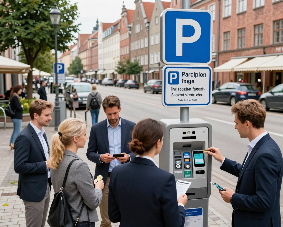 A dynamic scene depicting parking fees and subscriptions in Gdańsk’s paid parking zone. In the foreground, a diverse group of professionals, dressed in business attire, analyze parking signs and payment machines. In the middle, various payment options are highlighted, including coins, credit cards, and mobile payment apps. A clear representation of parking subscription plans is visible, such as a prominently displayed monthly pass symbol. The background shows a vibrant street in Gdańsk, with historic buildings and parked vehicles, under soft, natural daylight creating a welcoming atmosphere. The image is captured from a slightly elevated angle to provide a broad perspective, emphasizing the bustling environment of the city while focusing on the parking subject matter.