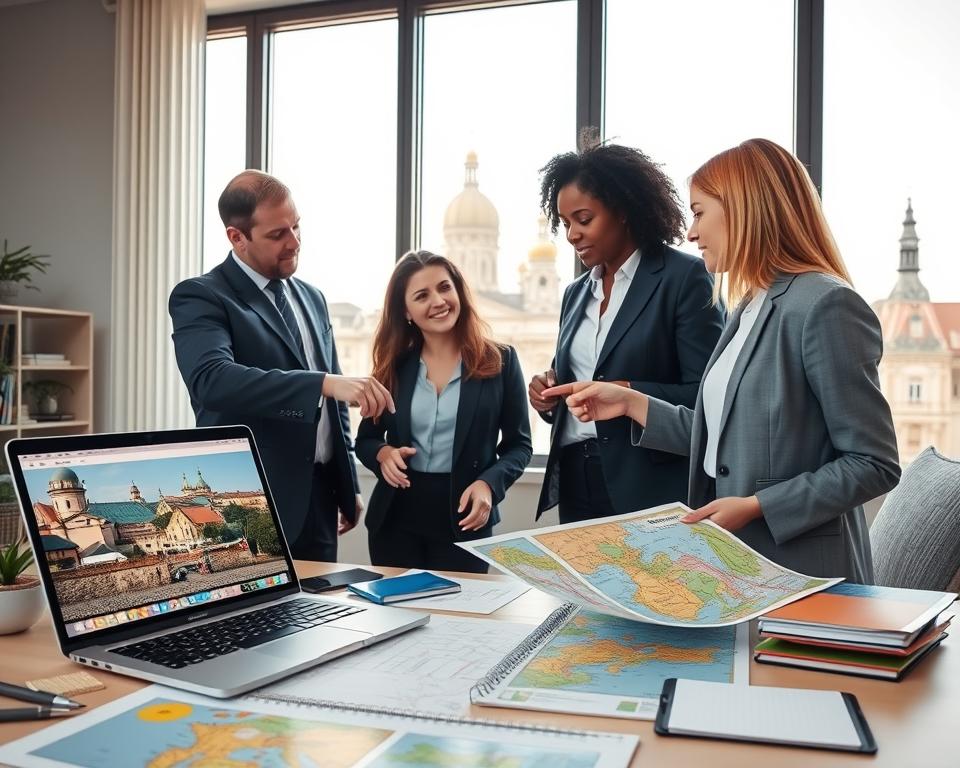 A dynamic scene depicting practical tips for organizing day trips from Gdańsk, set in a well-organized travel planning workspace. In the foreground, a neatly arranged desk features colorful maps, a laptop with images of attractions, and a notepad with travel itineraries. In the middle, a group of three diverse professionals in smart casual attire engage in discussion, pointing at the maps and sharing ideas. The background showcases a large window revealing a sunny view of Gdańsk’s iconic architecture. Soft, natural lighting streams in, creating an inviting atmosphere, emphasizing teamwork and efficient planning. The image should convey a sense of excitement and readiness for adventure, ideal for travel enthusiasts exploring day trip options.