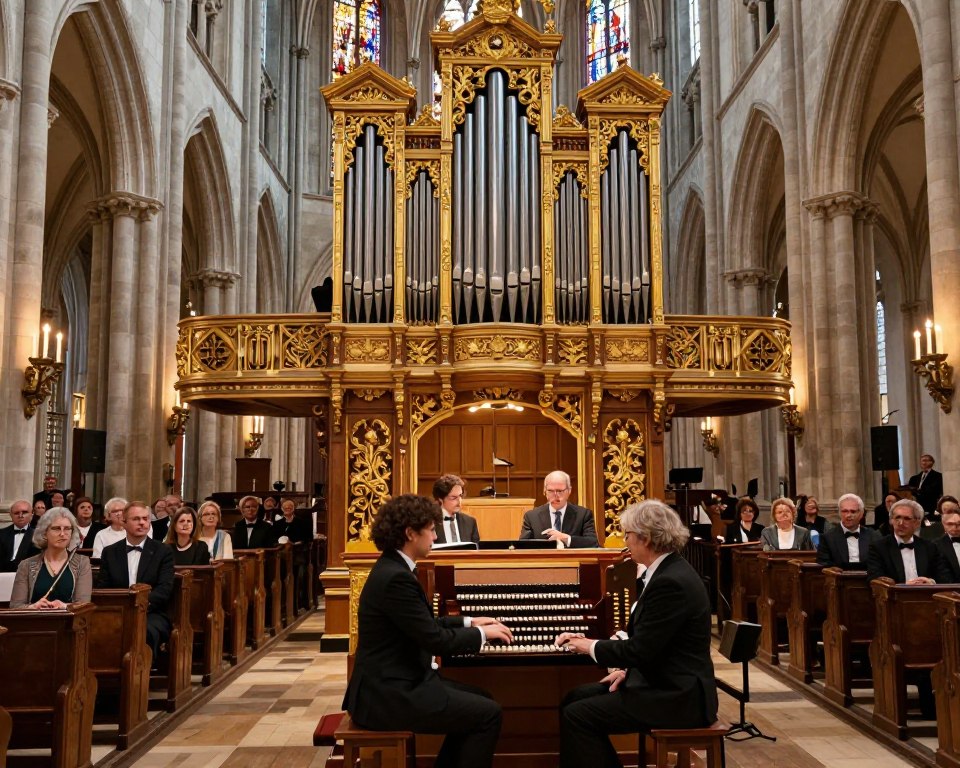 A grand organ concert in the historic Oliwa Cathedral, featuring a beautifully ornate pipe organ as the focal point in the foreground, its intricate gold-leaf detailing gleaming in soft, warm lighting. Musicians in professional attire are positioned around the organ, portraying a diverse ensemble that includes both men and women, passionately playing their instruments. In the middle ground, captivated audience members are seated in elegant wooden pews, their expressions showing awe and appreciation. The background showcases the cathedral's soaring Gothic architecture, arched windows allowing the soft glow of candles and stained glass to filter into the scene, creating a serene and reverent atmosphere. The image should convey a sense of musical harmony and historical significance, with a slightly elevated angle to capture the grandeur of the setting.