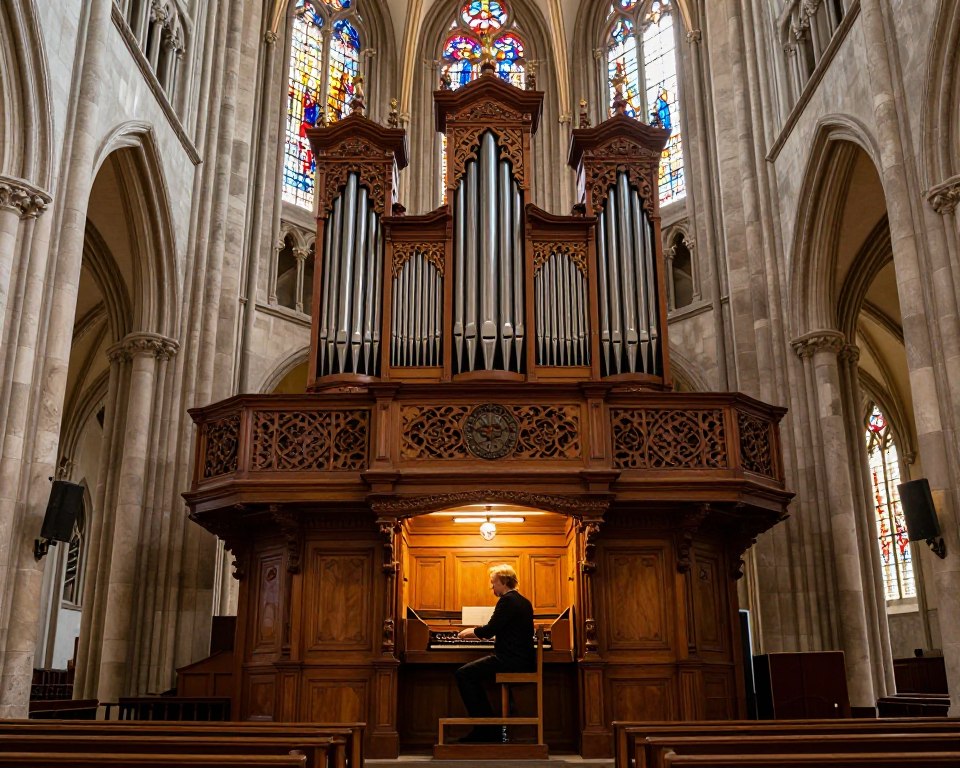 A grand view of the interior of the Oliwa Cathedral, showcasing an ornate pipe organ as the focal point, beautifully illuminated by soft, warm light streaming through the stained glass windows. In the foreground, the elaborately carved wooden details of the organ are highlighted, showcasing the intricate craftsmanship. The middle ground features a modestly dressed musician playing the organ, deeply immersed in the music, exuding passion and elegance. In the background, rows of pews and the majestic Gothic architecture create a sense of depth and history. The atmosphere is serene and reverent, inviting viewers to appreciate the beauty of organ music in this historic setting. Use a wide-angle lens to capture the full grandeur, with gentle lighting enhancing the sacred ambiance.