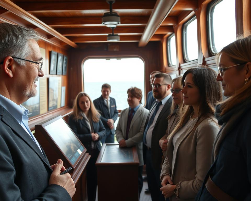 A guided museum tour inside the "Dar Pomorza" sailing ship in Gdynia, showcasing a group of diverse, professionally dressed tourists attentively listening to a knowledgeable museum guide. In the foreground, emphasize the guide, a middle-aged person with a friendly expression, pointing towards an exhibit, surrounded by engaged visitors. In the middle ground, display the elegant wooden interior of the ship, filled with maritime artifacts and historical panels. In the background, let the expansive ocean view be visible through the ship's windows, with a bright but soft natural light illuminating the scene, creating an inviting and educational atmosphere. Use a slightly elevated angle to capture the interaction, enhancing the sense of connection between the guide and the visitors, evoking curiosity and appreciation for maritime history. A guided museum tour inside the "Dar Pomorza" sailing ship in Gdynia, showcasing a group of diverse, professionally dressed tourists attentively listening to a knowledgeable museum guide. In the foreground, emphasize the guide, a middle-aged person with a friendly expression, pointing towards an exhibit, surrounded by engaged visitors. In the middle ground, display the elegant wooden interior of the ship, filled with maritime artifacts and historical panels. In the background, let the expansive ocean view be visible through the ship's windows, with a bright but soft natural light illuminating the scene, creating an inviting and educational atmosphere. Use a slightly elevated angle to capture the interaction, enhancing the sense of connection between the guide and the visitors, evoking curiosity and appreciation for maritime history.