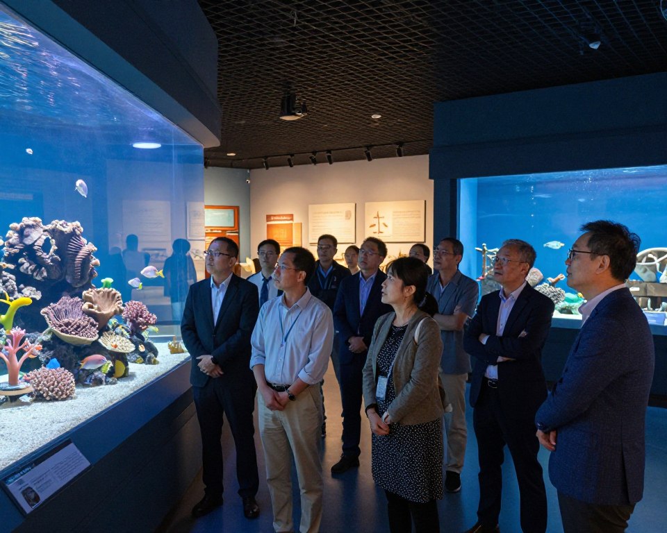 A guided tour in a marine museum, showcasing visitors attentively listening to a knowledgeable guide. In the foreground, a diverse group of adults in professional business attire and modest casual clothing, engaged in conversation, with expressions of curiosity and fascination. The middle ground features large, vivid aquariums filled with vibrant marine life, such as colorful fish and corals, drawing the visitors’ attention. In the background, well-lit exhibits display historical maritime artifacts and educational panels, creating an informative atmosphere. Soft, ambient lighting enhances the mood of exploration and learning, while a wide-angle perspective captures the expansive interior of the museum, inviting viewers to immerse themselves in the experience. A guided tour in a marine museum, showcasing visitors attentively listening to a knowledgeable guide. In the foreground, a diverse group of adults in professional business attire and modest casual clothing, engaged in conversation, with expressions of curiosity and fascination. The middle ground features large, vivid aquariums filled with vibrant marine life, such as colorful fish and corals, drawing the visitors’ attention. In the background, well-lit exhibits display historical maritime artifacts and educational panels, creating an informative atmosphere. Soft, ambient lighting enhances the mood of exploration and learning, while a wide-angle perspective captures the expansive interior of the museum, inviting viewers to immerse themselves in the experience.