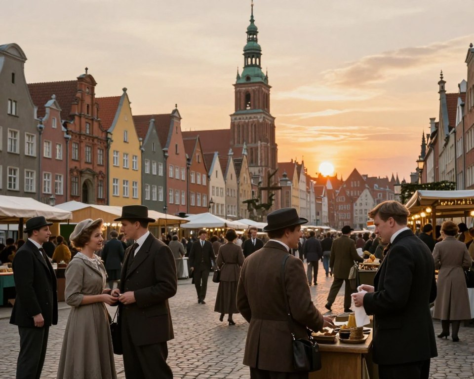 A historical depiction of Wolne Miasto Gdańsk during a pivotal moment in its timeline, set in the foreground with an elegantly dressed 1920s market scene bustling with people in professional attire. Capture a diverse group of men and women engaged in everyday activities, like trading goods and conversing. In the middle ground, showcase iconic architecture reflecting the unique blend of Polish and German influences, with colorful buildings and the silhouette of St. Mary's Church. In the background, a vivid sunset casts a golden glow over the city, symbolizing both hope and change. The mood is vibrant yet reflective, with soft, warm lighting that enhances the historical atmosphere, focused from a slightly elevated angle to encompass the lively street and architectural beauty. A historical depiction of Wolne Miasto Gdańsk during a pivotal moment in its timeline, set in the foreground with an elegantly dressed 1920s market scene bustling with people in professional attire. Capture a diverse group of men and women engaged in everyday activities, like trading goods and conversing. In the middle ground, showcase iconic architecture reflecting the unique blend of Polish and German influences, with colorful buildings and the silhouette of St. Mary's Church. In the background, a vivid sunset casts a golden glow over the city, symbolizing both hope and change. The mood is vibrant yet reflective, with soft, warm lighting that enhances the historical atmosphere, focused from a slightly elevated angle to encompass the lively street and architectural beauty.