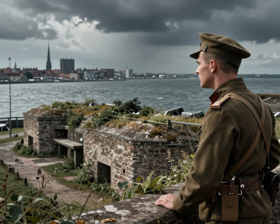 A historical illustration of Westerplatte, depicting the significant events of its defense during World War II. In the foreground, feature a soldier in 1930s military uniform, determined and vigilant, overlooking the harbor. The middle ground showcases the iconic bunkers and pillboxes partially hidden by overgrown vegetation, hinting at their strategic importance. The background reveals a stormy sky, signaling the looming conflict, with a silhouette of Gdańsk's skyline in soft focus. Use dramatic lighting to create shadows that enhance the mood, emphasizing the tension and valor of the era. The angle should be slightly elevated to capture both the historical site and the expansive sea, conveying a sense of depth and history. A historical illustration of Westerplatte, depicting the significant events of its defense during World War II. In the foreground, feature a soldier in 1930s military uniform, determined and vigilant, overlooking the harbor. The middle ground showcases the iconic bunkers and pillboxes partially hidden by overgrown vegetation, hinting at their strategic importance. The background reveals a stormy sky, signaling the looming conflict, with a silhouette of Gdańsk's skyline in soft focus. Use dramatic lighting to create shadows that enhance the mood, emphasizing the tension and valor of the era. The angle should be slightly elevated to capture both the historical site and the expansive sea, conveying a sense of depth and history.