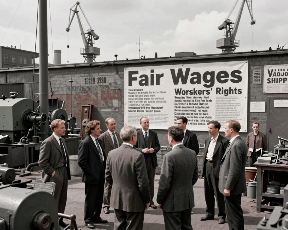 A historical representation of the 1980 Gdańsk Shipyard strike focusing on the demands of the protesting workers. In the foreground, a group of ten workers, both men and women, dressed in professional business attire, passionately discussing on a factory floor with tools and machinery around them. In the middle ground, a large poster displaying key demands such as 'Fair Wages' and 'Workers' Rights,' prominently featured on the wall. The background shows the iconic shipyard with cranes under a cloudy sky, hinting at a tense atmosphere. Soft, diffused lighting casts shadows that enhance the seriousness of the moment. The perspective is slightly angled from above, capturing the intensity of the discussion while emphasizing the historic significance of the location and time. A historical representation of the 1980 Gdańsk Shipyard strike focusing on the demands of the protesting workers. In the foreground, a group of ten workers, both men and women, dressed in professional business attire, passionately discussing on a factory floor with tools and machinery around them. In the middle ground, a large poster displaying key demands such as 'Fair Wages' and 'Workers' Rights,' prominently featured on the wall. The background shows the iconic shipyard with cranes under a cloudy sky, hinting at a tense atmosphere. Soft, diffused lighting casts shadows that enhance the seriousness of the moment. The perspective is slightly angled from above, capturing the intensity of the discussion while emphasizing the historic significance of the location and time.